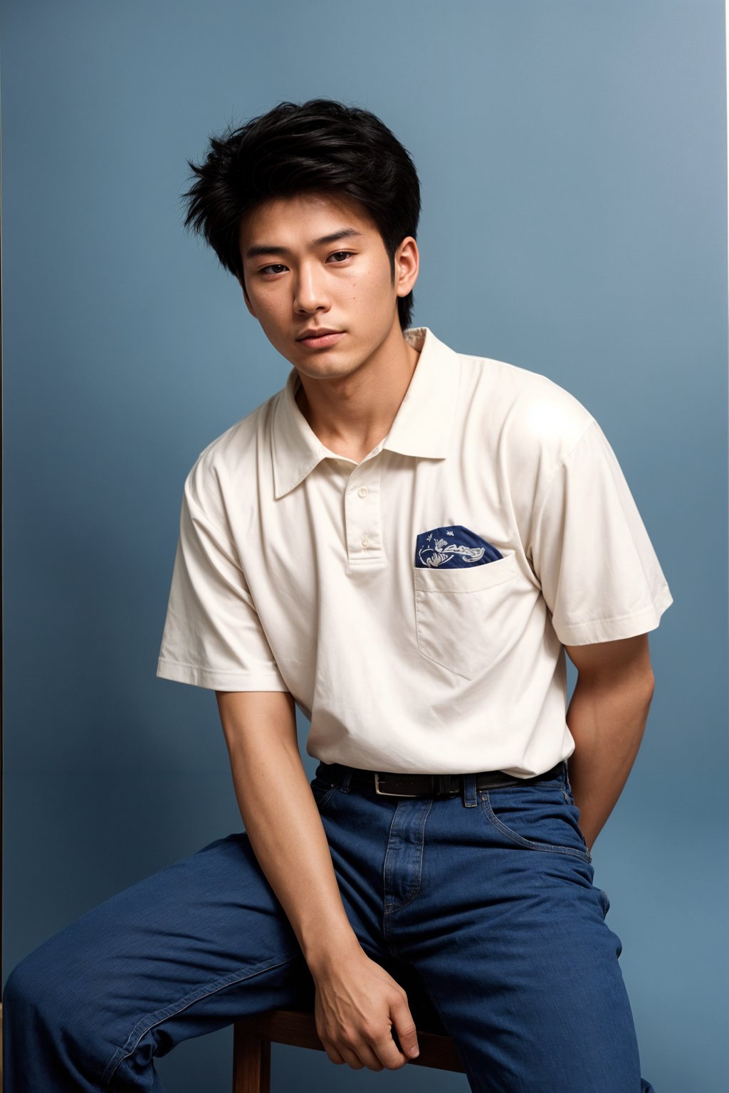 (school portrait) photo headshot of a young 18 y o man in 1990s style, nineties style, 90s, 1990s fashion, 1990s hair, school, man is sitting and posing for a (yearbook) picture, blue yearbook background, official school yearbook photo, man sitting (looking straight into camera), (school shoot), (inside), blue yearbook background