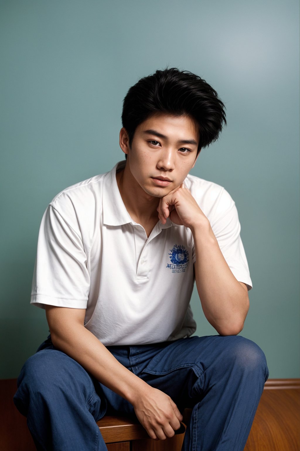 (school portrait) photo headshot of a young 18 y o man in 1990s style, nineties style, 90s, 1990s fashion, 1990s hair, school, man is sitting and posing for a (yearbook) picture, blue yearbook background, official school yearbook photo, man sitting (looking straight into camera), (school shoot), (inside), blue yearbook background