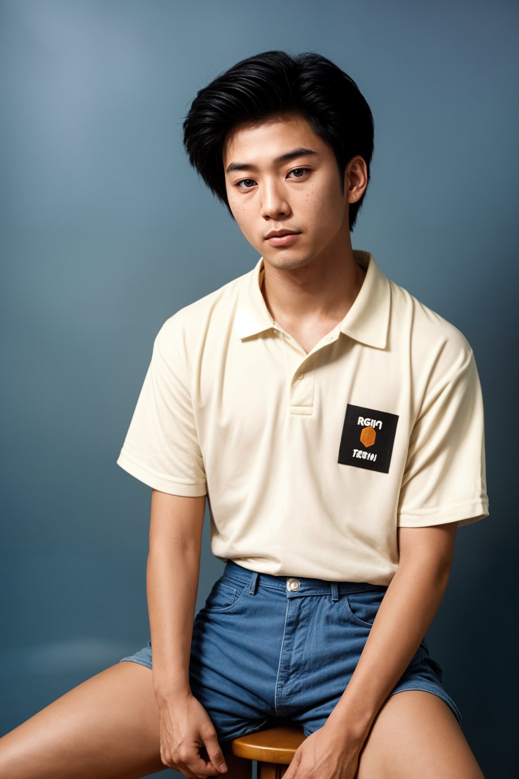 (school portrait) photo headshot of a young 18 y o man in 1990s style, nineties style, 90s, 1990s fashion, 1990s hair, school, man is sitting and posing for a (yearbook) picture, blue yearbook background, official school yearbook photo, man sitting (looking straight into camera), (school shoot), (inside), blue yearbook background