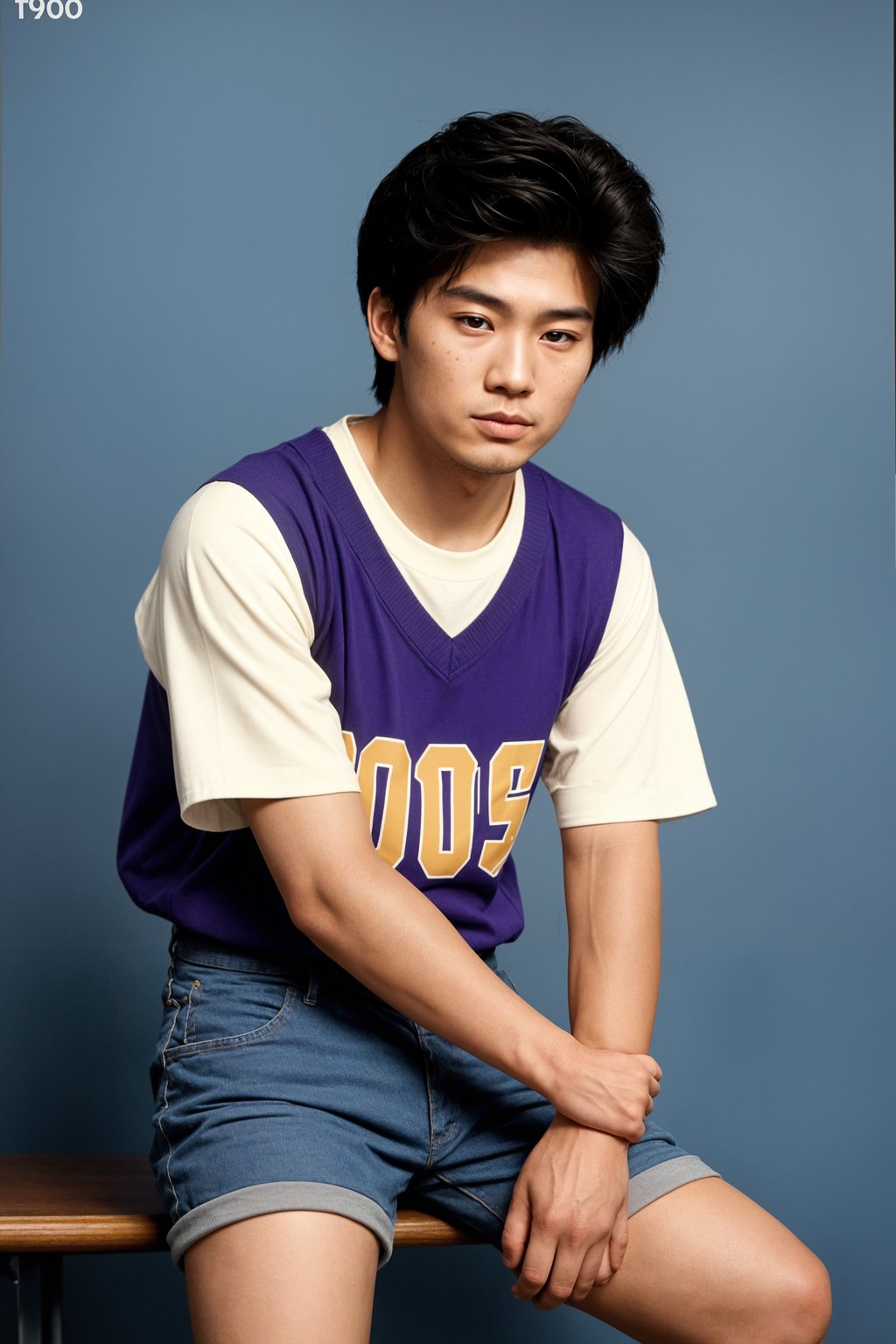 (school portrait) photo headshot of a young 18 y o man in 1990s style, nineties style, 90s, 1990s fashion, 1990s hair, school, man is sitting and posing for a (yearbook) picture, blue yearbook background, official school yearbook photo, man sitting (looking straight into camera), (school shoot), (inside), blue yearbook background