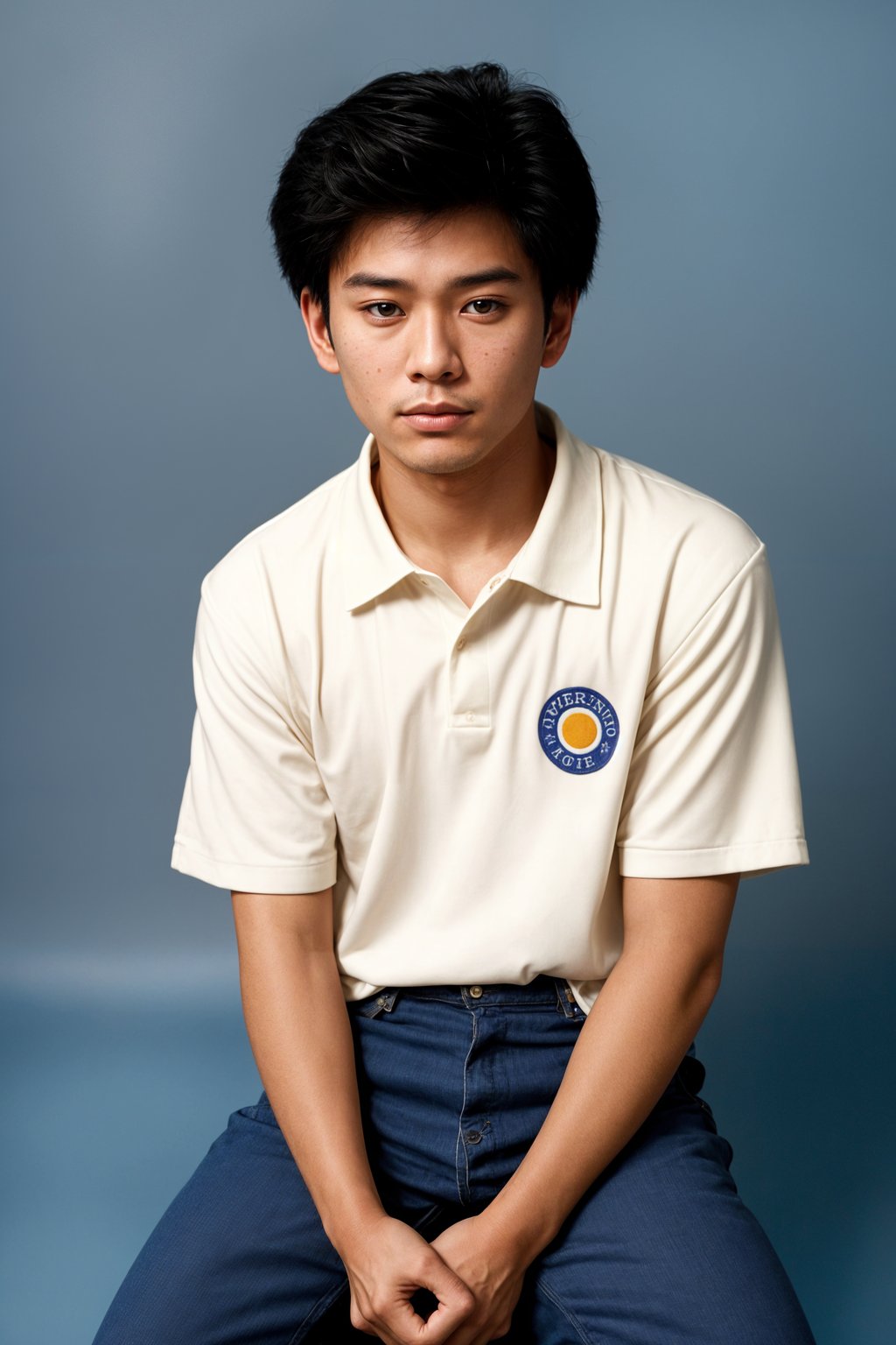 (school portrait) photo headshot of a young 18 y o man in 1990s style, nineties style, 90s, 1990s fashion, 1990s hair, school, man is sitting and posing for a (yearbook) picture, blue yearbook background, official school yearbook photo, man sitting (looking straight into camera), (school shoot), (inside), blue yearbook background