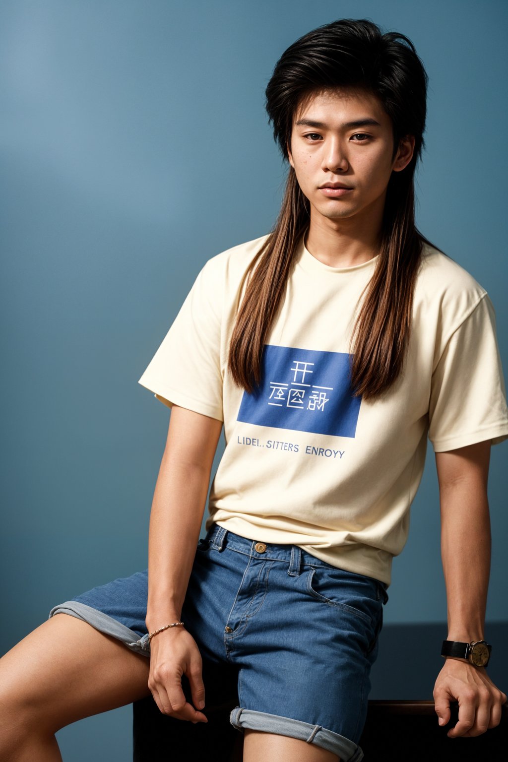 (school portrait) photo headshot of a young 18 y o man in 1990s style, nineties style, 90s, 1990s fashion, 1990s hair, school, man is sitting and posing for a (yearbook) picture, blue yearbook background, official school yearbook photo, man sitting (looking straight into camera), (school shoot), (inside), blue yearbook background