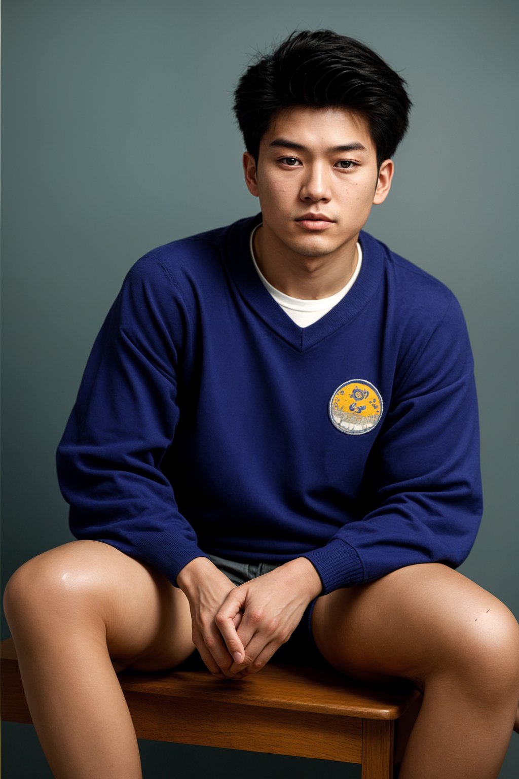 (school portrait) photo headshot of a young 18 y o man in 1990s style, nineties style, 90s, 1990s fashion, 1990s hair, school, man is sitting and posing for a (yearbook) picture, blue yearbook background, official school yearbook photo, man sitting (looking straight into camera), (school shoot), (inside), blue yearbook background