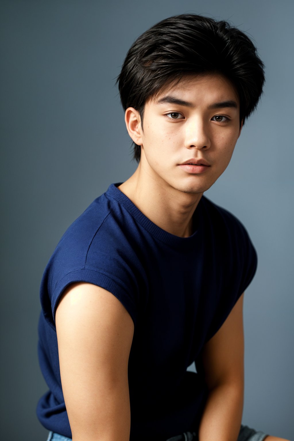 (school portrait) photo headshot of a young 18 y o man in 1990s style, nineties style, 90s, 1990s fashion, 1990s hair, school, man is sitting and posing for a (yearbook) picture, blue yearbook background, official school yearbook photo, man sitting (looking straight into camera), (school shoot), (inside), blue yearbook background