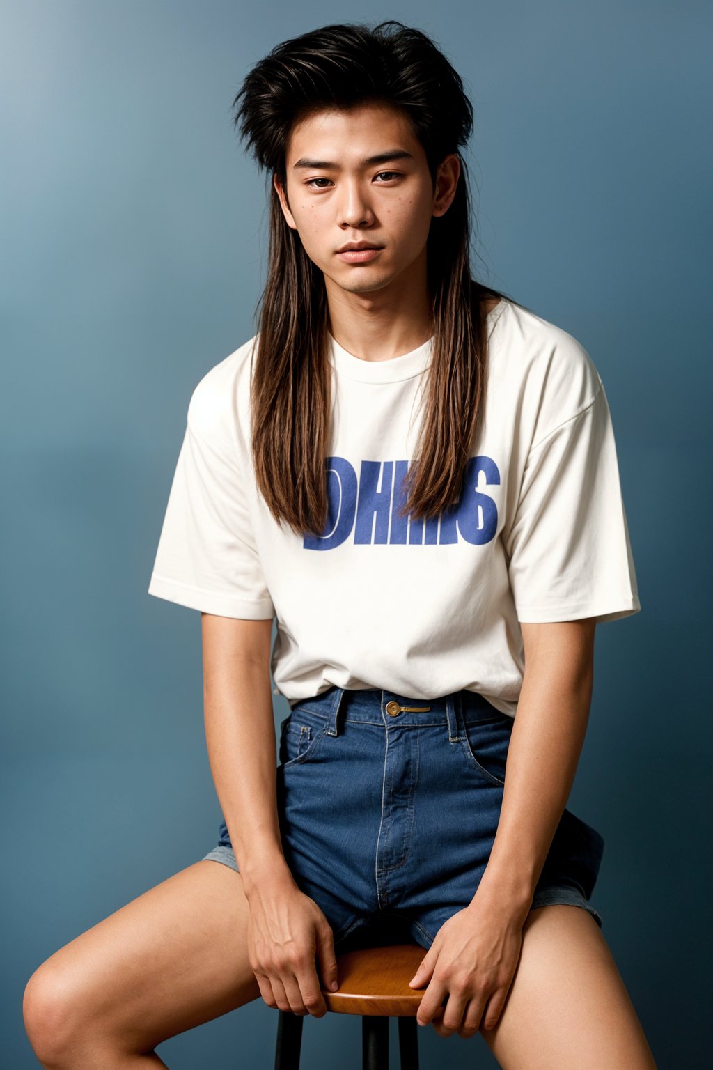 (school portrait) photo headshot of a young 18 y o man in 1990s style, nineties style, 90s, 1990s fashion, 1990s hair, school, man is sitting and posing for a (yearbook) picture, blue yearbook background, official school yearbook photo, man sitting (looking straight into camera), (school shoot), (inside), blue yearbook background