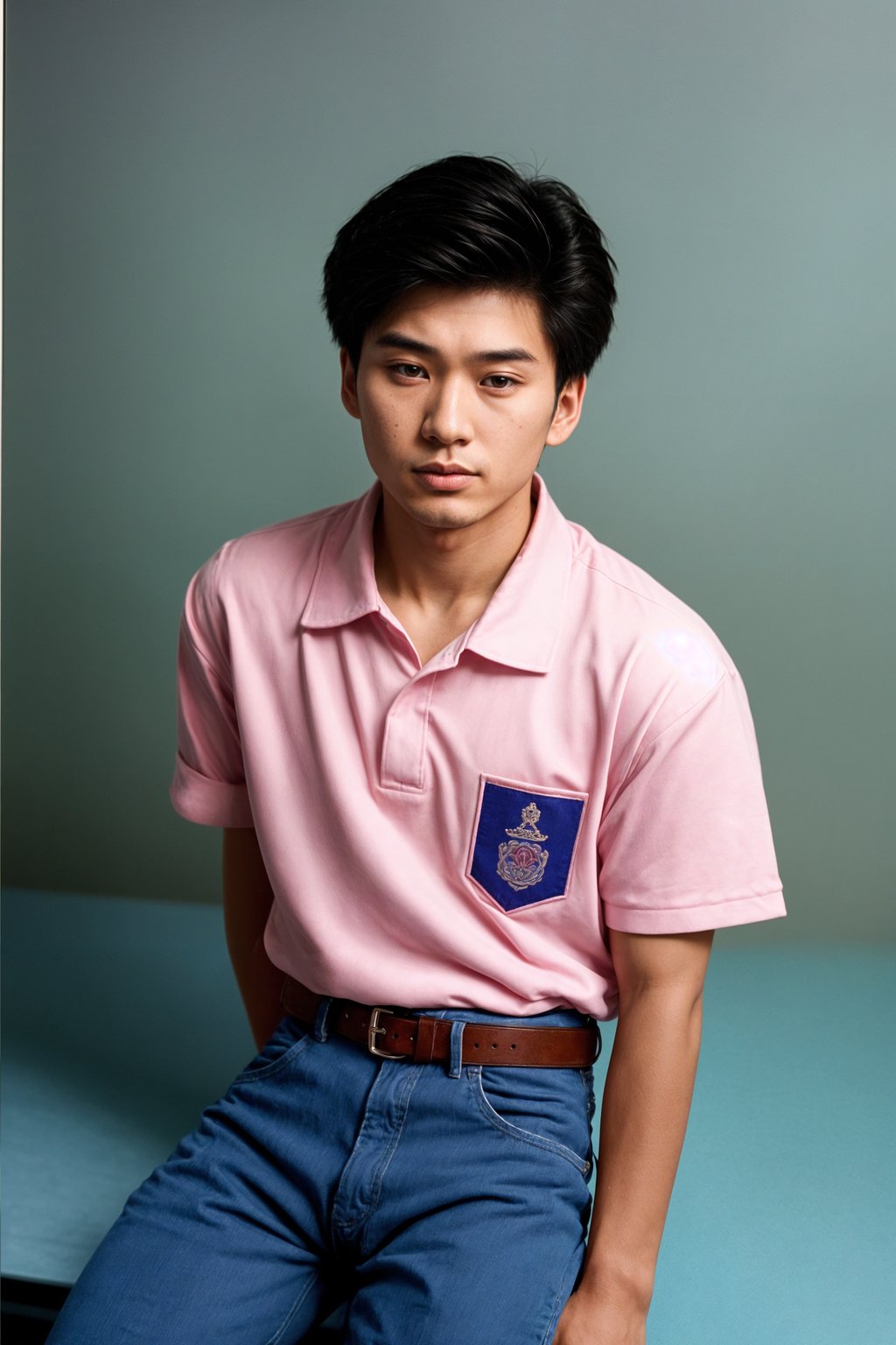 (school portrait) photo headshot of a young 18 y o man in 1990s style, nineties style, 90s, 1990s fashion, 1990s hair, school, man is sitting and posing for a (yearbook) picture, blue yearbook background, official school yearbook photo, man sitting (looking straight into camera), (school shoot), (inside), blue yearbook background