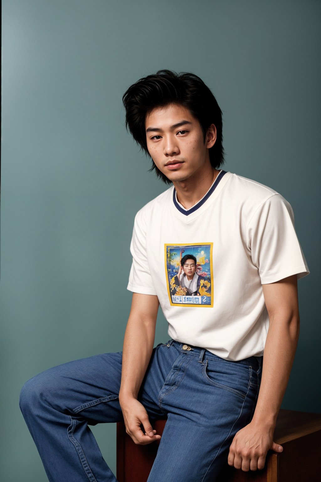 (school portrait) photo headshot of a young 18 y o man in 1990s style, nineties style, 90s, 1990s fashion, 1990s hair, school, man is sitting and posing for a (yearbook) picture, blue yearbook background, official school yearbook photo, man sitting (looking straight into camera), (school shoot), (inside), blue yearbook background