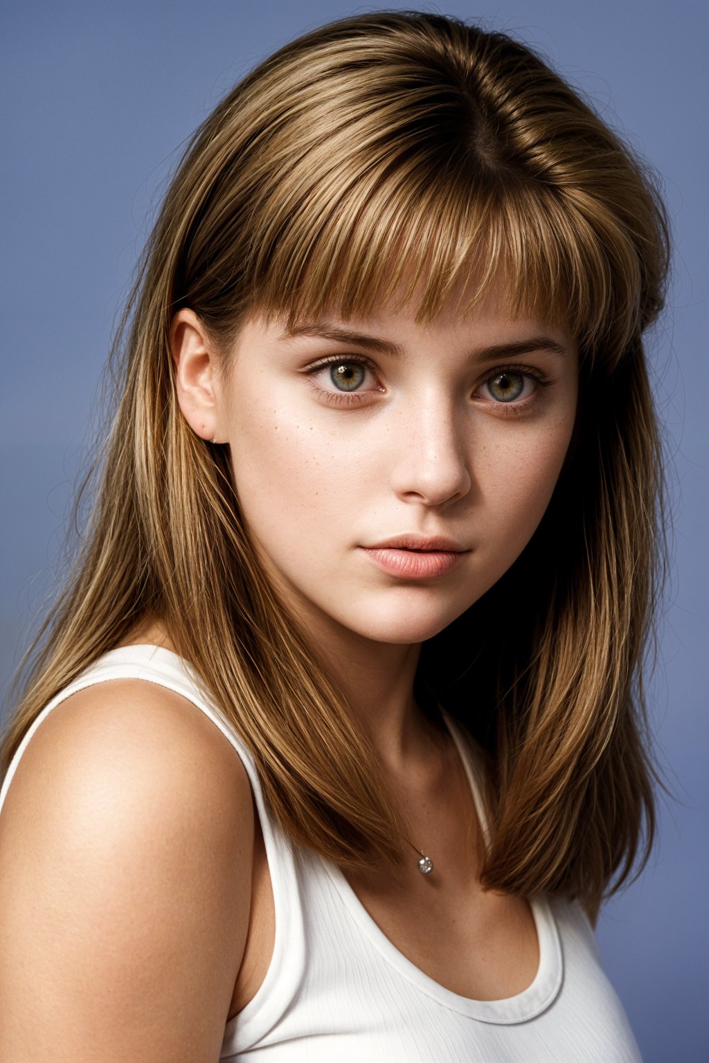 (school portrait) photo headshot of a young 18 y o woman in 1990s style, nineties style, 90s, 1990s fashion, 1990s hair, school, woman is sitting and posing for a (yearbook) picture, blue yearbook background, official school yearbook photo, woman sitting (looking straight into camera), (school shoot), (inside), blue yearbook background