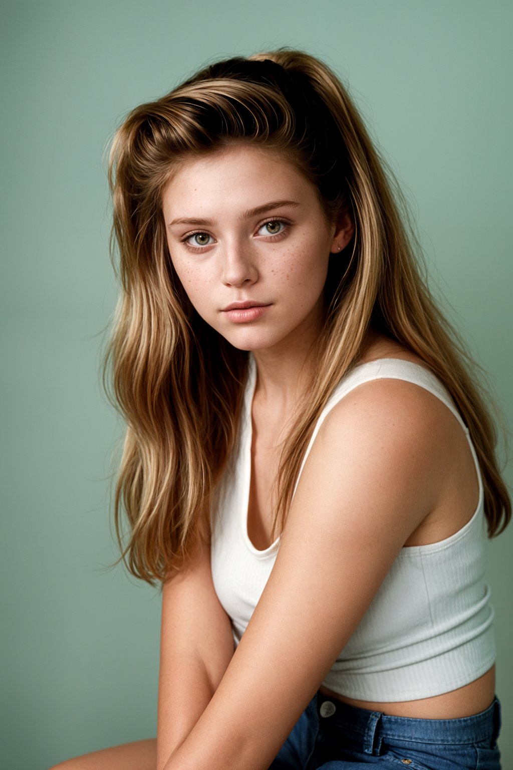 (school portrait) photo headshot of a young 18 y o woman in 1990s style, nineties style, 90s, 1990s fashion, 1990s hair, school, woman is sitting and posing for a (yearbook) picture, blue yearbook background, official school yearbook photo, woman sitting (looking straight into camera), (school shoot), (inside), blue yearbook background