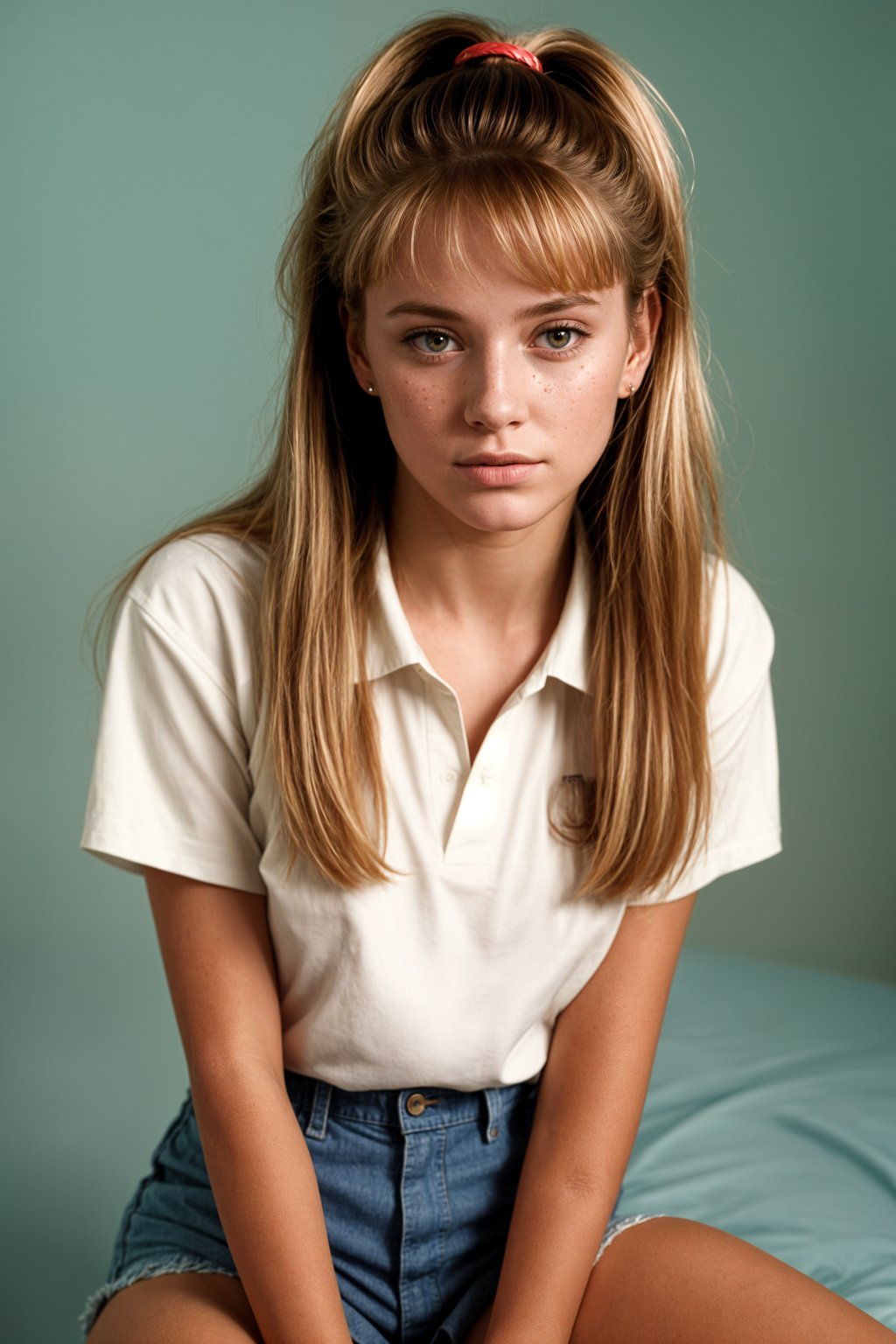 (school portrait) photo headshot of a young 18 y o woman in 1990s style, nineties style, 90s, 1990s fashion, 1990s hair, school, woman is sitting and posing for a (yearbook) picture, blue yearbook background, official school yearbook photo, woman sitting (looking straight into camera), (school shoot), (inside), blue yearbook background