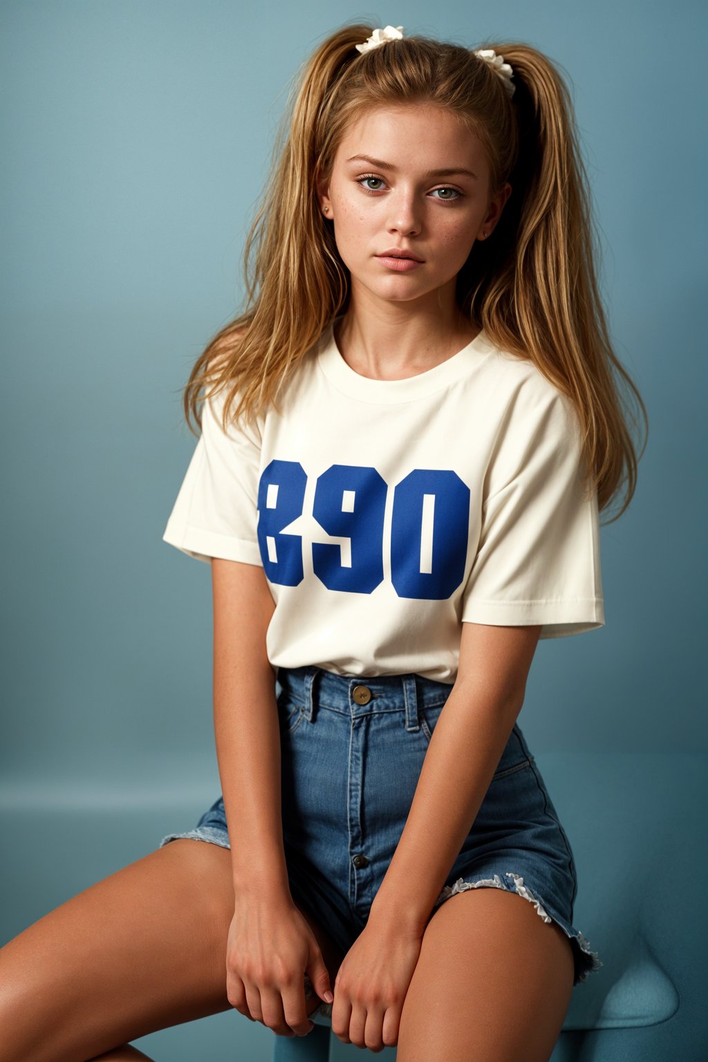 (school portrait) photo headshot of a young 18 y o woman in 1990s style, nineties style, 90s, 1990s fashion, 1990s hair, school, woman is sitting and posing for a (yearbook) picture, blue yearbook background, official school yearbook photo, woman sitting (looking straight into camera), (school shoot), (inside), blue yearbook background