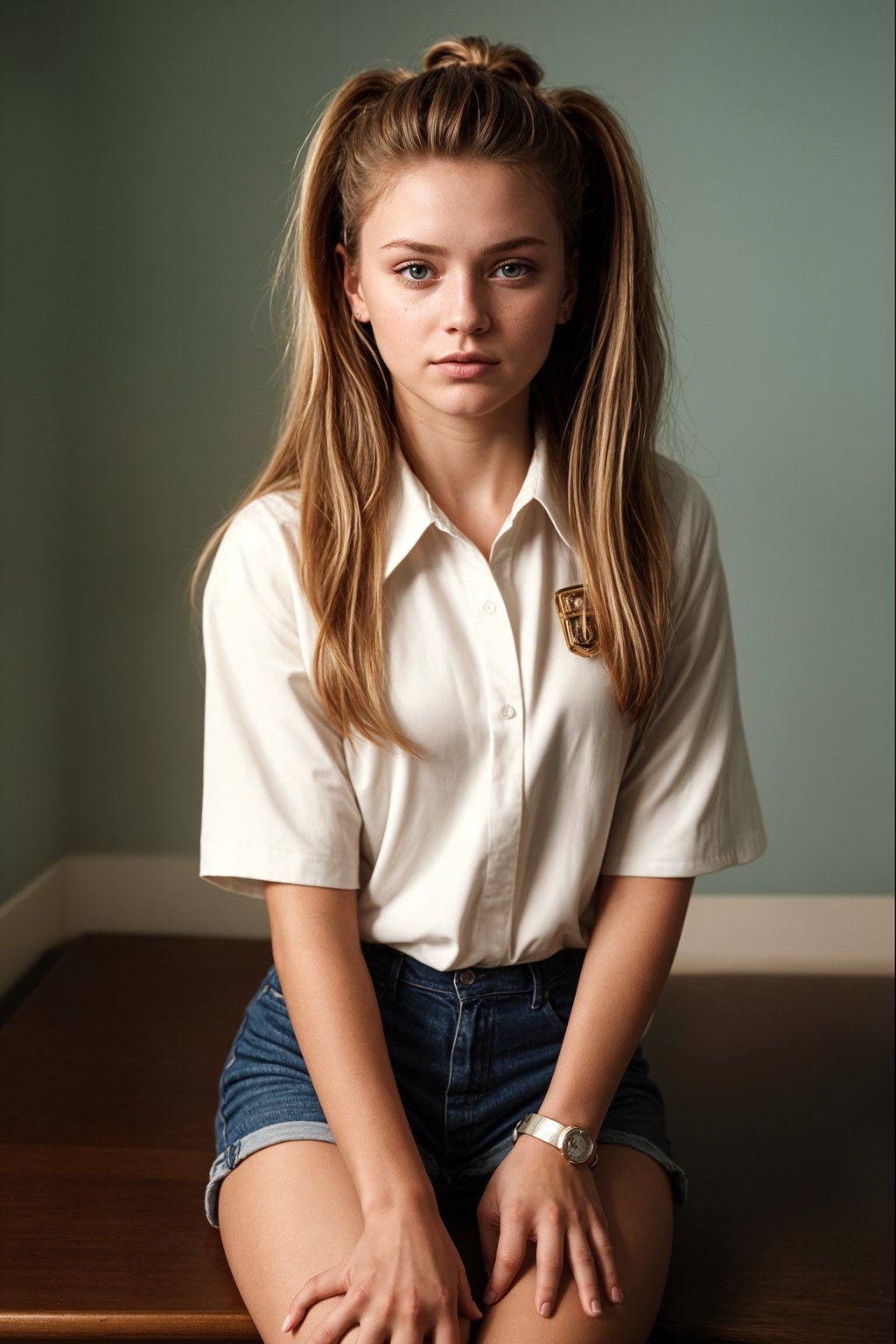 (school portrait) photo headshot of a young 18 y o woman in 1990s style, nineties style, 90s, 1990s fashion, 1990s hair, school, woman is sitting and posing for a (yearbook) picture, blue yearbook background, official school yearbook photo, woman sitting (looking straight into camera), (school shoot), (inside), blue yearbook background