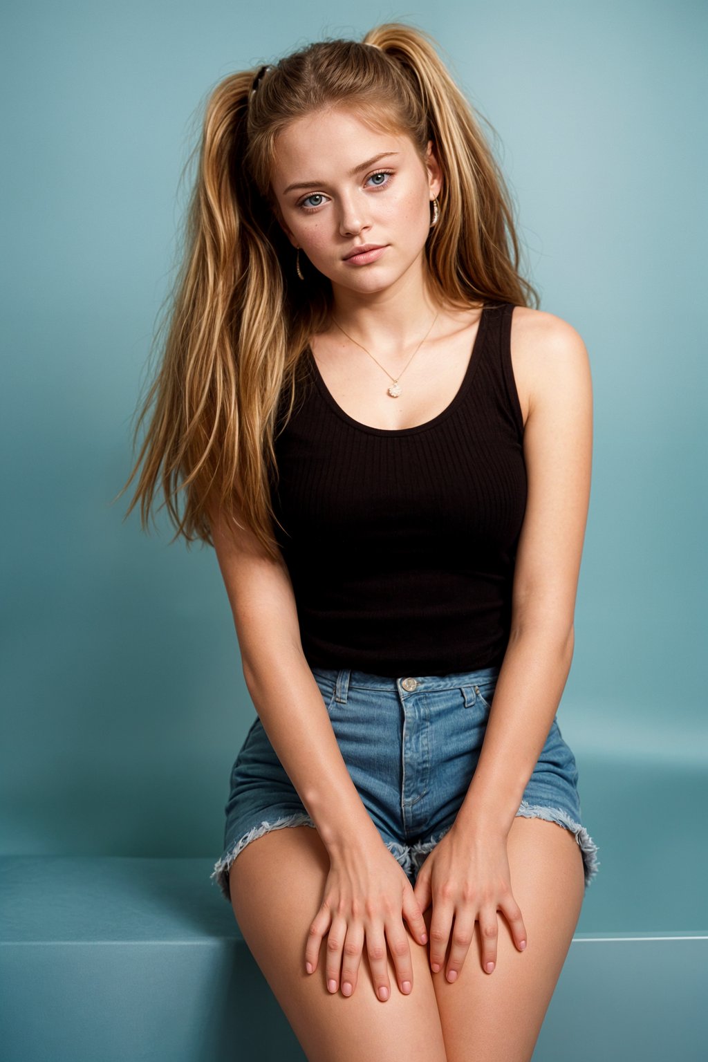 (school portrait) photo headshot of a young 18 y o woman in 1990s style, nineties style, 90s, 1990s fashion, 1990s hair, school, woman is sitting and posing for a (yearbook) picture, blue yearbook background, official school yearbook photo, woman sitting (looking straight into camera), (school shoot), (inside), blue yearbook background