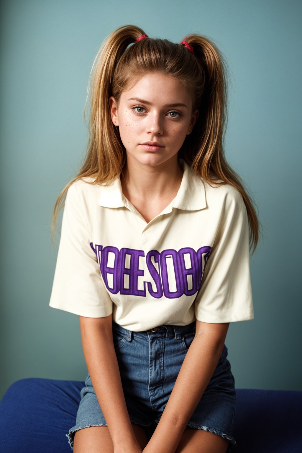 (school portrait) photo headshot of a young 18 y o woman in 1990s style, nineties style, 90s, 1990s fashion, 1990s hair, school, woman is sitting and posing for a (yearbook) picture, blue yearbook background, official school yearbook photo, woman sitting (looking straight into camera), (school shoot), (inside), blue yearbook background