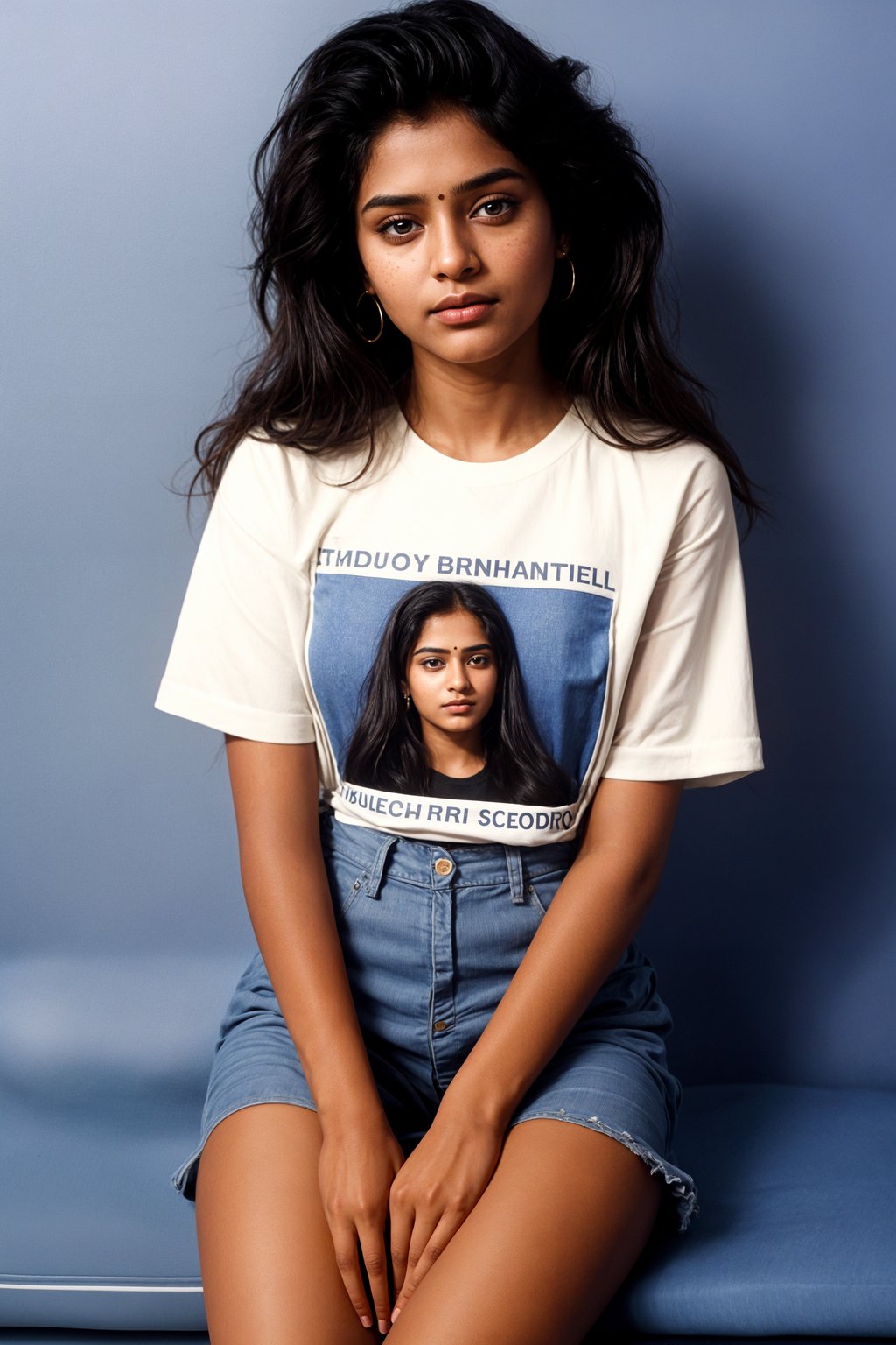 (school portrait) photo headshot of a young 18 y o woman in 1990s style, nineties style, 90s, 1990s fashion, 1990s hair, school, woman is sitting and posing for a (yearbook) picture, blue yearbook background, official school yearbook photo, woman sitting (looking straight into camera), (school shoot), (inside), blue yearbook background