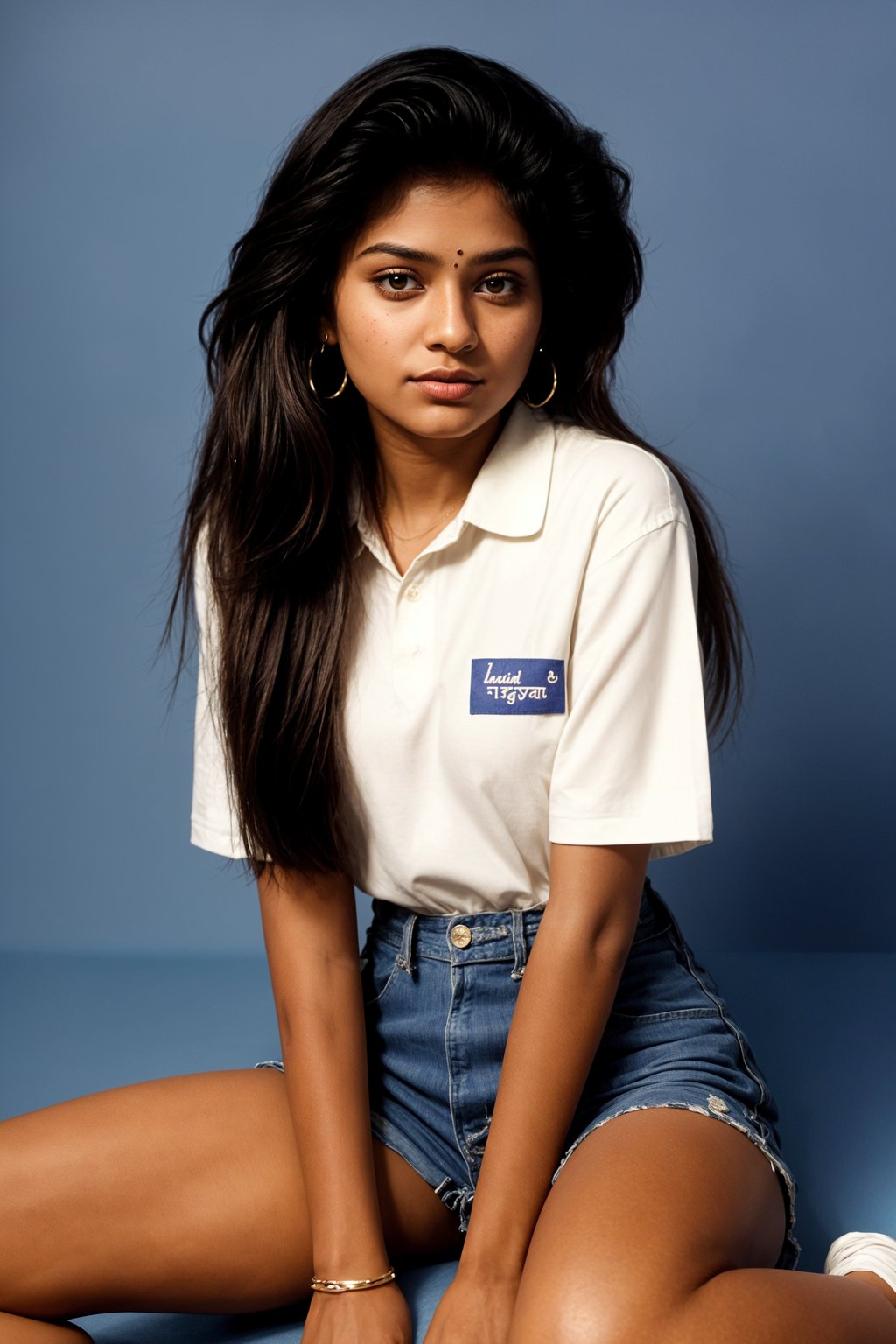 (school portrait) photo headshot of a young 18 y o woman in 1990s style, nineties style, 90s, 1990s fashion, 1990s hair, school, woman is sitting and posing for a (yearbook) picture, blue yearbook background, official school yearbook photo, woman sitting (looking straight into camera), (school shoot), (inside), blue yearbook background