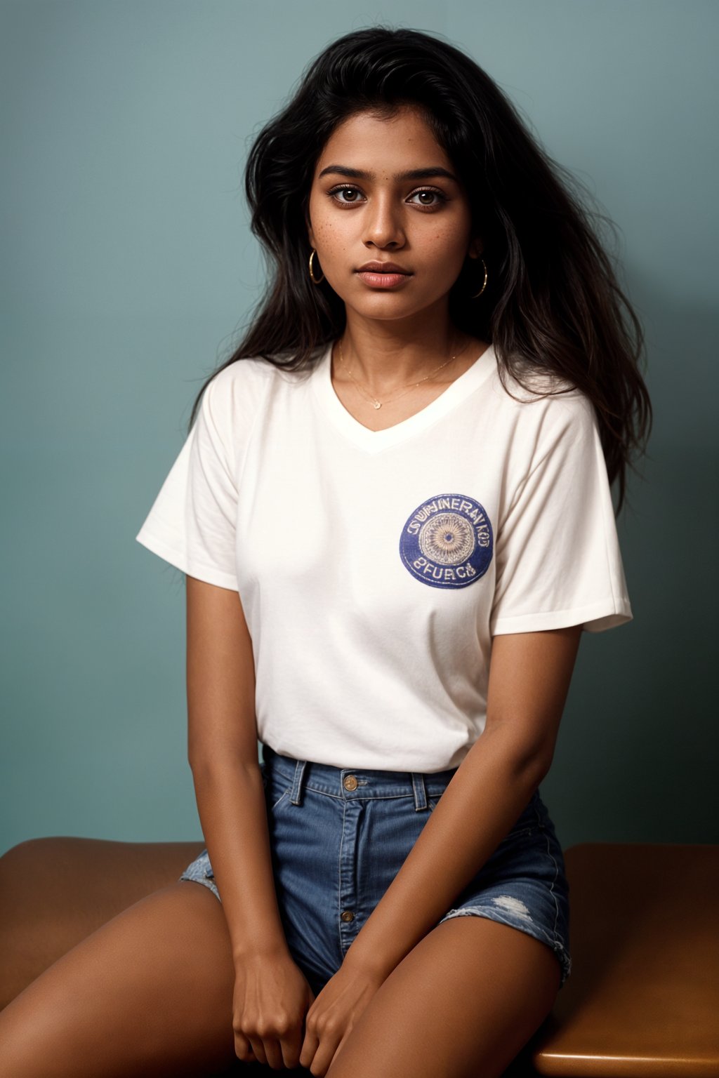 (school portrait) photo headshot of a young 18 y o woman in 1990s style, nineties style, 90s, 1990s fashion, 1990s hair, school, woman is sitting and posing for a (yearbook) picture, blue yearbook background, official school yearbook photo, woman sitting (looking straight into camera), (school shoot), (inside), blue yearbook background