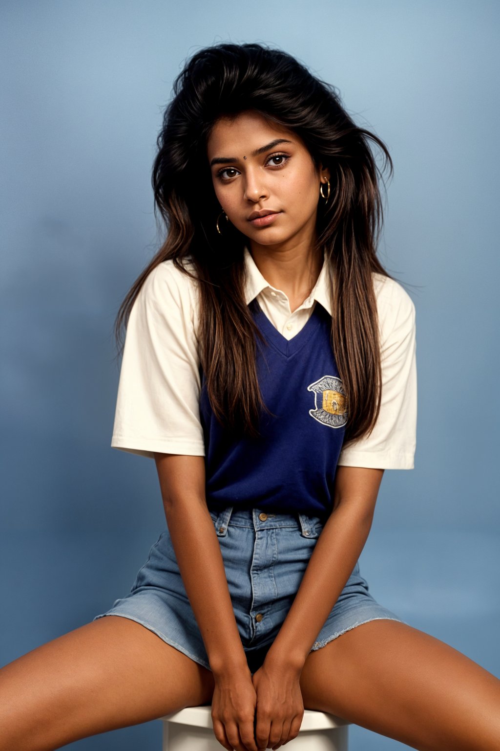 (school portrait) photo headshot of a young 18 y o woman in 1990s style, nineties style, 90s, 1990s fashion, 1990s hair, school, woman is sitting and posing for a (yearbook) picture, blue yearbook background, official school yearbook photo, woman sitting (looking straight into camera), (school shoot), (inside), blue yearbook background