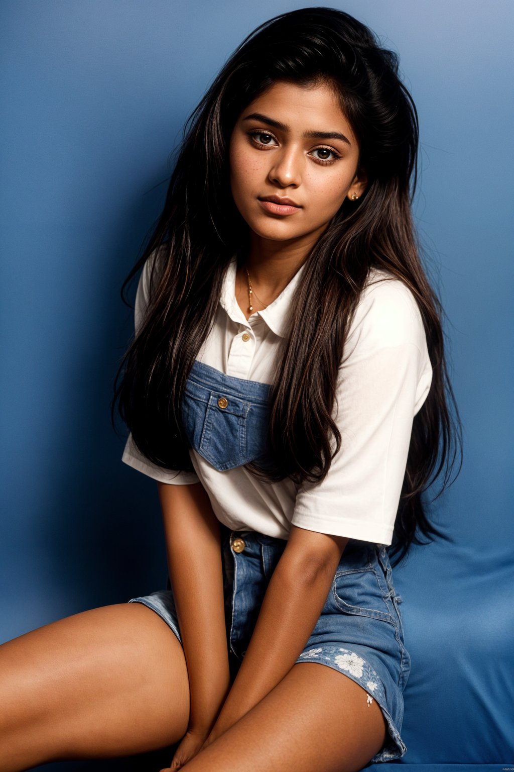 (school portrait) photo headshot of a young 18 y o woman in 1990s style, nineties style, 90s, 1990s fashion, 1990s hair, school, woman is sitting and posing for a (yearbook) picture, blue yearbook background, official school yearbook photo, woman sitting (looking straight into camera), (school shoot), (inside), blue yearbook background