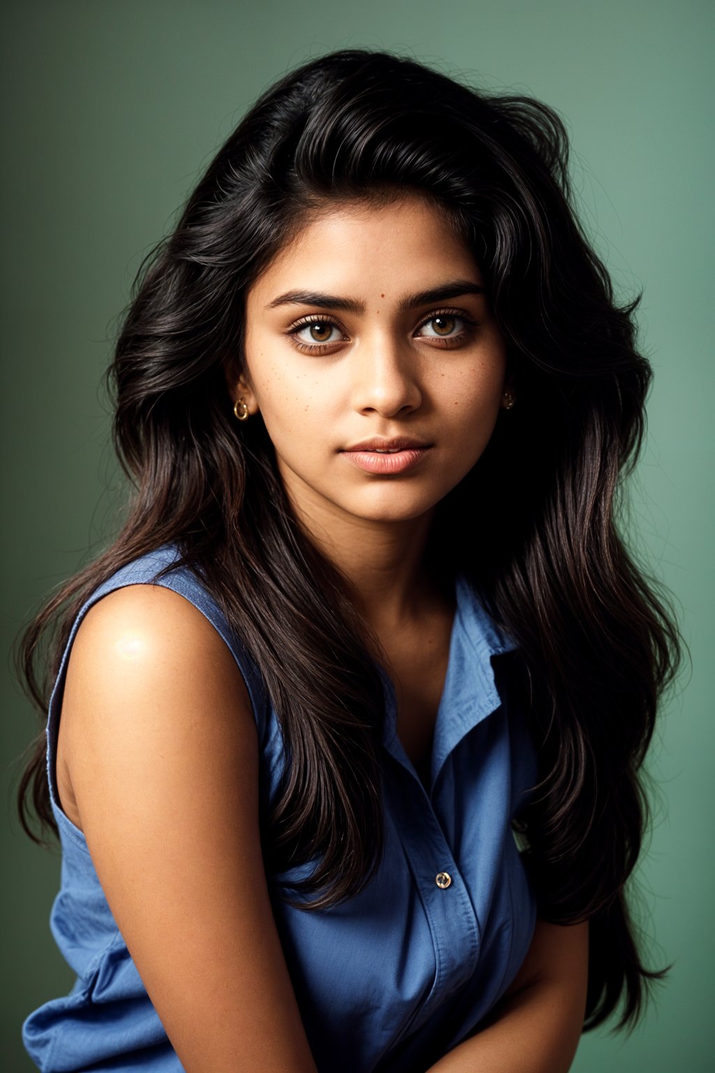 (school portrait) photo headshot of a young 18 y o woman in 1990s style, nineties style, 90s, 1990s fashion, 1990s hair, school, woman is sitting and posing for a (yearbook) picture, blue yearbook background, official school yearbook photo, woman sitting (looking straight into camera), (school shoot), (inside), blue yearbook background