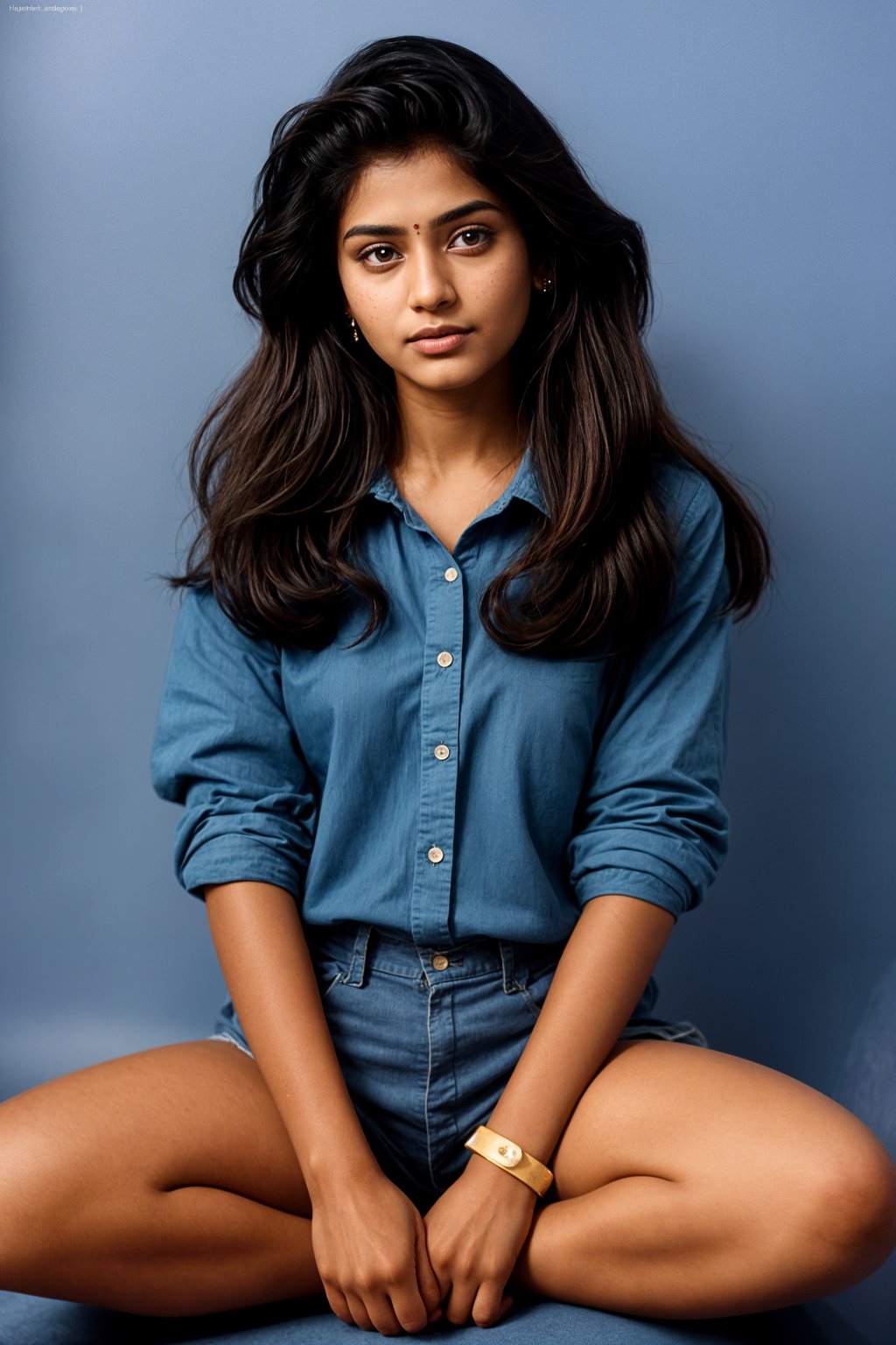 (school portrait) photo headshot of a young 18 y o woman in 1990s style, nineties style, 90s, 1990s fashion, 1990s hair, school, woman is sitting and posing for a (yearbook) picture, blue yearbook background, official school yearbook photo, woman sitting (looking straight into camera), (school shoot), (inside), blue yearbook background