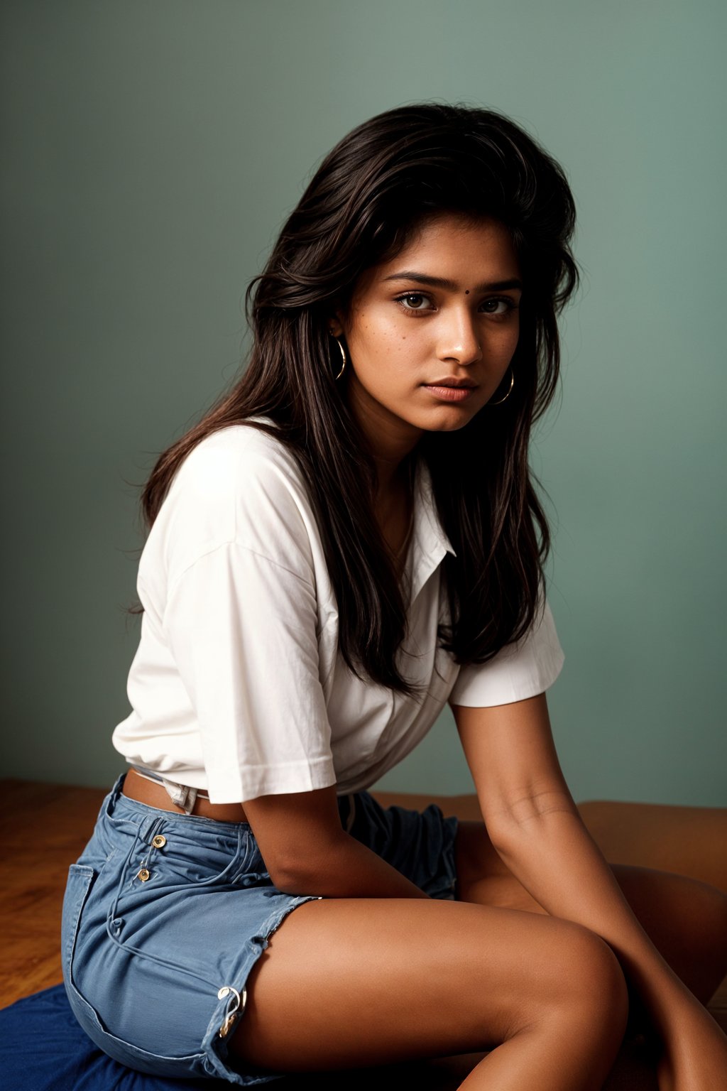 (school portrait) photo headshot of a young 18 y o woman in 1990s style, nineties style, 90s, 1990s fashion, 1990s hair, school, woman is sitting and posing for a (yearbook) picture, blue yearbook background, official school yearbook photo, woman sitting (looking straight into camera), (school shoot), (inside), blue yearbook background