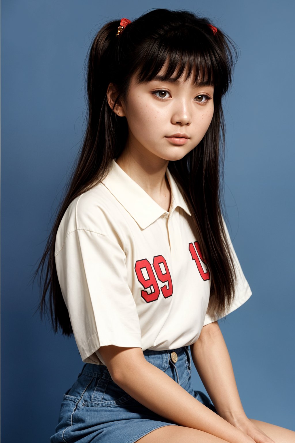 (school portrait) photo headshot of a young 18 y o woman in 1990s style, nineties style, 90s, 1990s fashion, 1990s hair, school, woman is sitting and posing for a (yearbook) picture, blue yearbook background, official school yearbook photo, woman sitting (looking straight into camera), (school shoot), (inside), blue yearbook background