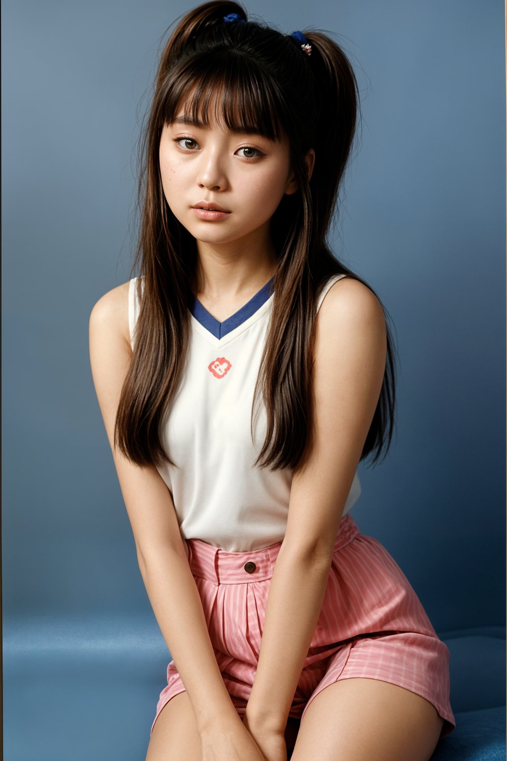 (school portrait) photo headshot of a young 18 y o woman in 1990s style, nineties style, 90s, 1990s fashion, 1990s hair, school, woman is sitting and posing for a (yearbook) picture, blue yearbook background, official school yearbook photo, woman sitting (looking straight into camera), (school shoot), (inside), blue yearbook background