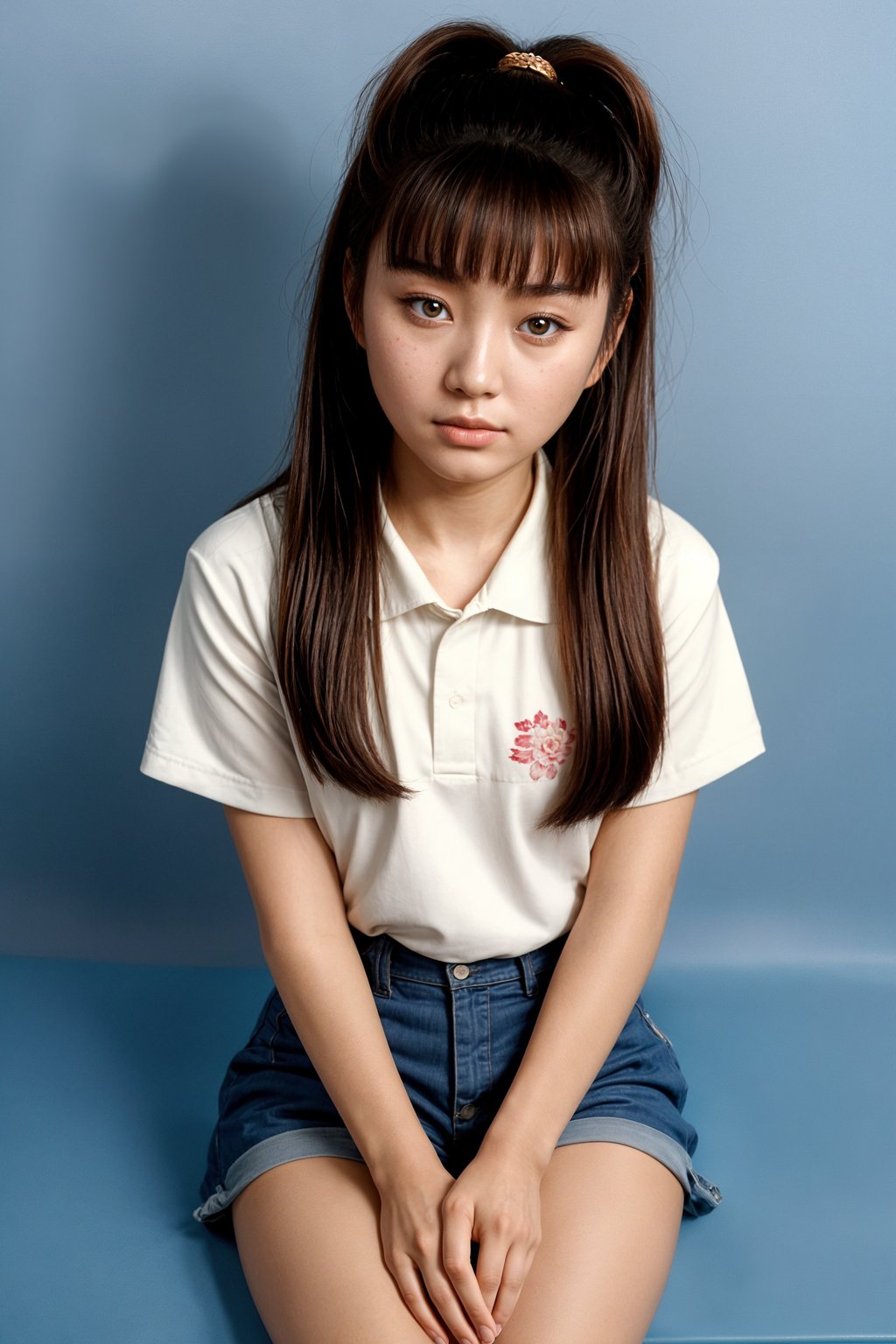 (school portrait) photo headshot of a young 18 y o woman in 1990s style, nineties style, 90s, 1990s fashion, 1990s hair, school, woman is sitting and posing for a (yearbook) picture, blue yearbook background, official school yearbook photo, woman sitting (looking straight into camera), (school shoot), (inside), blue yearbook background