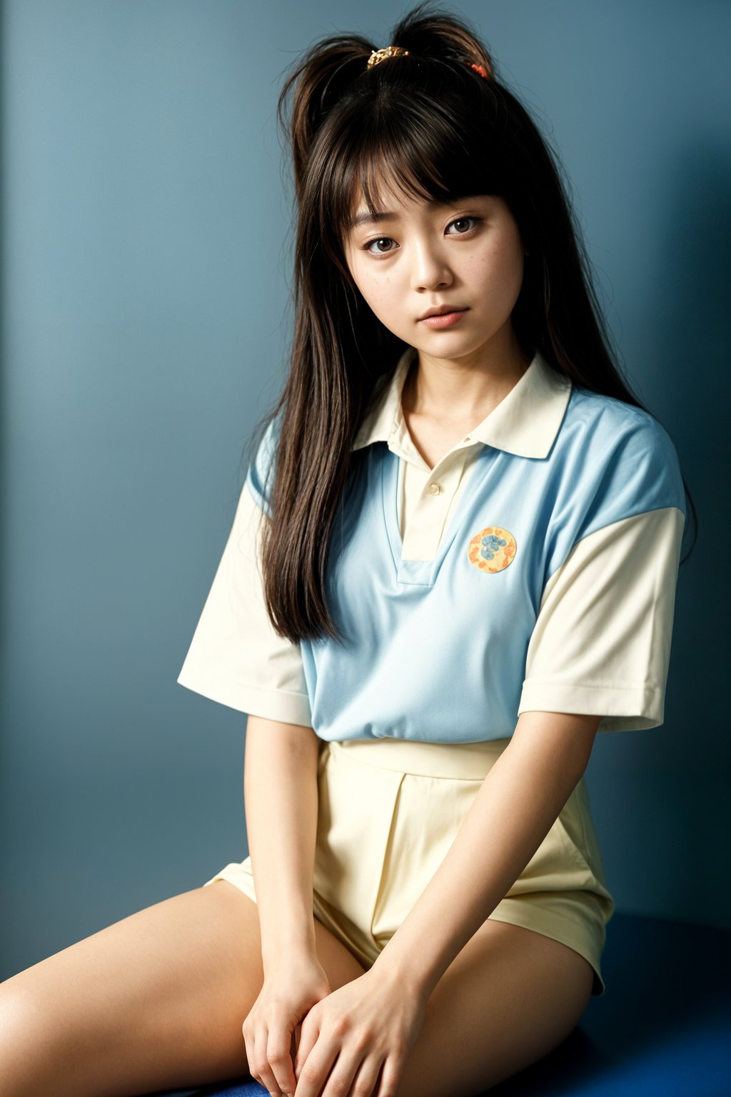 (school portrait) photo headshot of a young 18 y o woman in 1990s style, nineties style, 90s, 1990s fashion, 1990s hair, school, woman is sitting and posing for a (yearbook) picture, blue yearbook background, official school yearbook photo, woman sitting (looking straight into camera), (school shoot), (inside), blue yearbook background