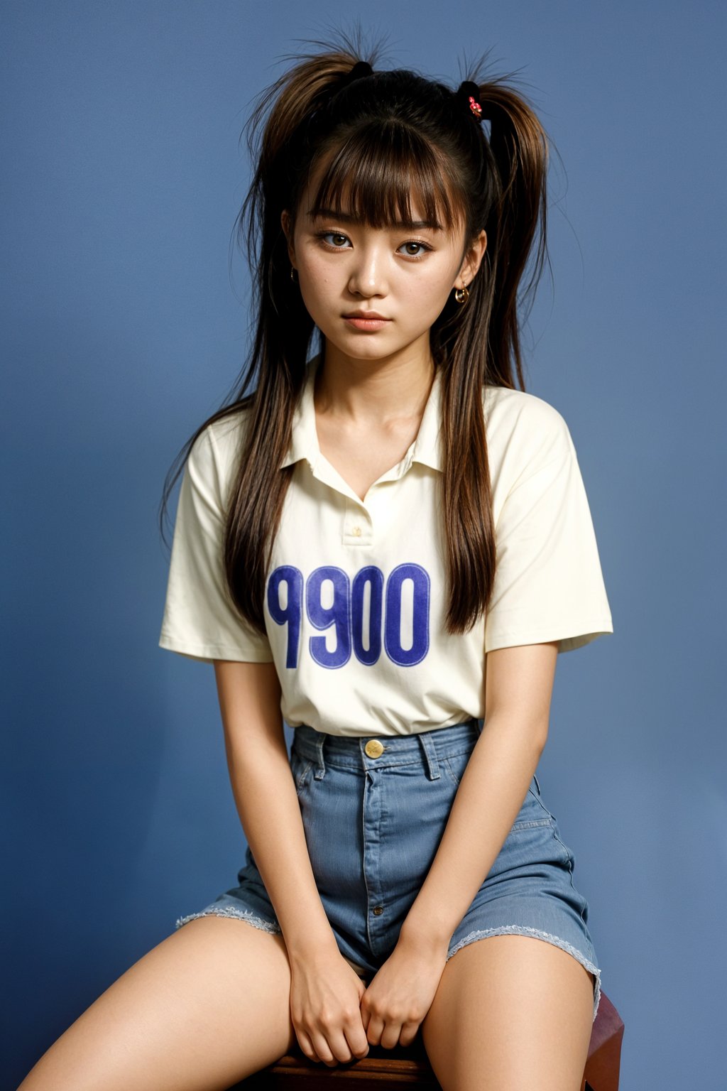 (school portrait) photo headshot of a young 18 y o woman in 1990s style, nineties style, 90s, 1990s fashion, 1990s hair, school, woman is sitting and posing for a (yearbook) picture, blue yearbook background, official school yearbook photo, woman sitting (looking straight into camera), (school shoot), (inside), blue yearbook background