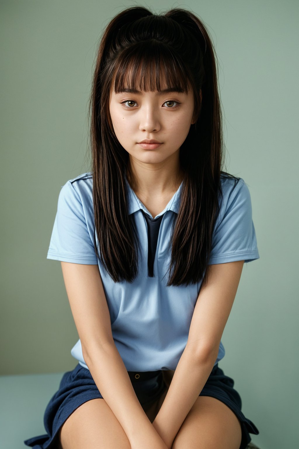 (school portrait) photo headshot of a young 18 y o woman in 1990s style, nineties style, 90s, 1990s fashion, 1990s hair, school, woman is sitting and posing for a (yearbook) picture, blue yearbook background, official school yearbook photo, woman sitting (looking straight into camera), (school shoot), (inside), blue yearbook background