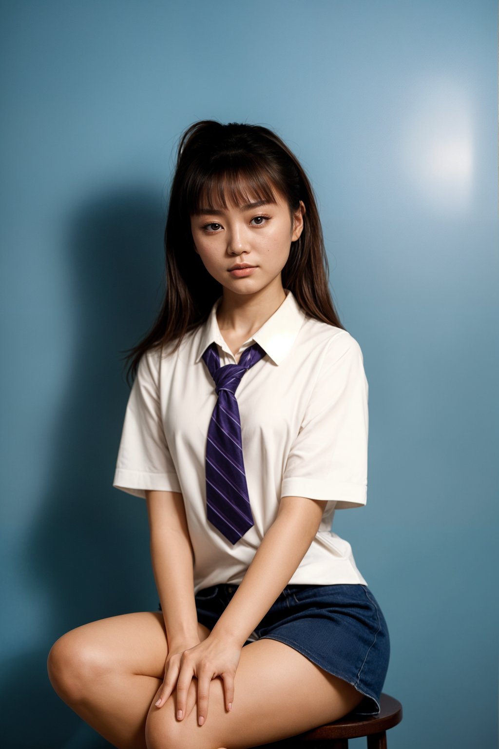 (school portrait) photo headshot of a young 18 y o woman in 1990s style, nineties style, 90s, 1990s fashion, 1990s hair, school, woman is sitting and posing for a (yearbook) picture, blue yearbook background, official school yearbook photo, woman sitting (looking straight into camera), (school shoot), (inside), blue yearbook background