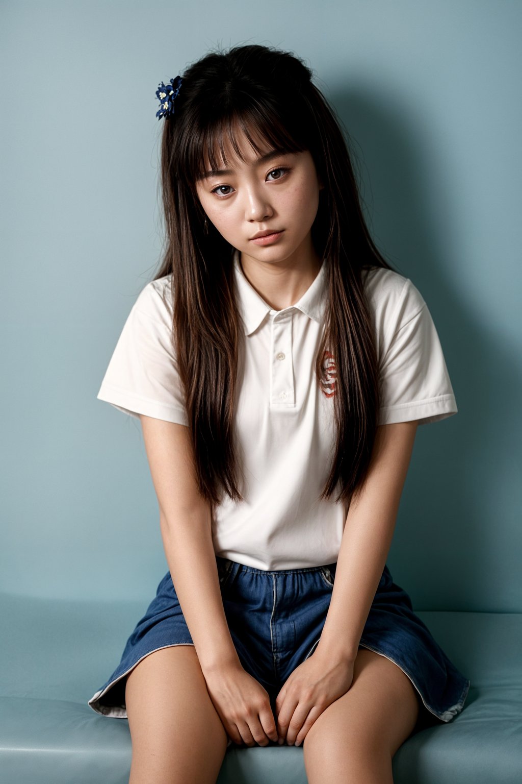 (school portrait) photo headshot of a young 18 y o woman in 1990s style, nineties style, 90s, 1990s fashion, 1990s hair, school, woman is sitting and posing for a (yearbook) picture, blue yearbook background, official school yearbook photo, woman sitting (looking straight into camera), (school shoot), (inside), blue yearbook background