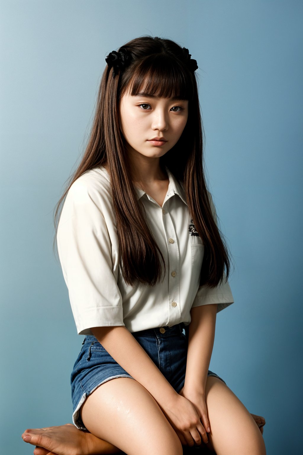 (school portrait) photo headshot of a young 18 y o woman in 1990s style, nineties style, 90s, 1990s fashion, 1990s hair, school, woman is sitting and posing for a (yearbook) picture, blue yearbook background, official school yearbook photo, woman sitting (looking straight into camera), (school shoot), (inside), blue yearbook background