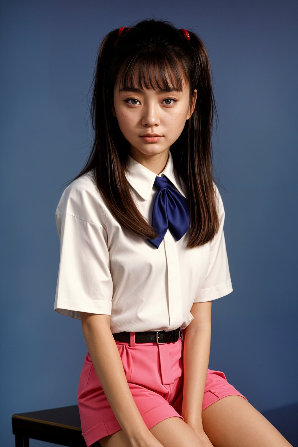 (school portrait) photo headshot of a young 18 y o woman in 1990s style, nineties style, 90s, 1990s fashion, 1990s hair, school, woman is sitting and posing for a (yearbook) picture, blue yearbook background, official school yearbook photo, woman sitting (looking straight into camera), (school shoot), (inside), blue yearbook background