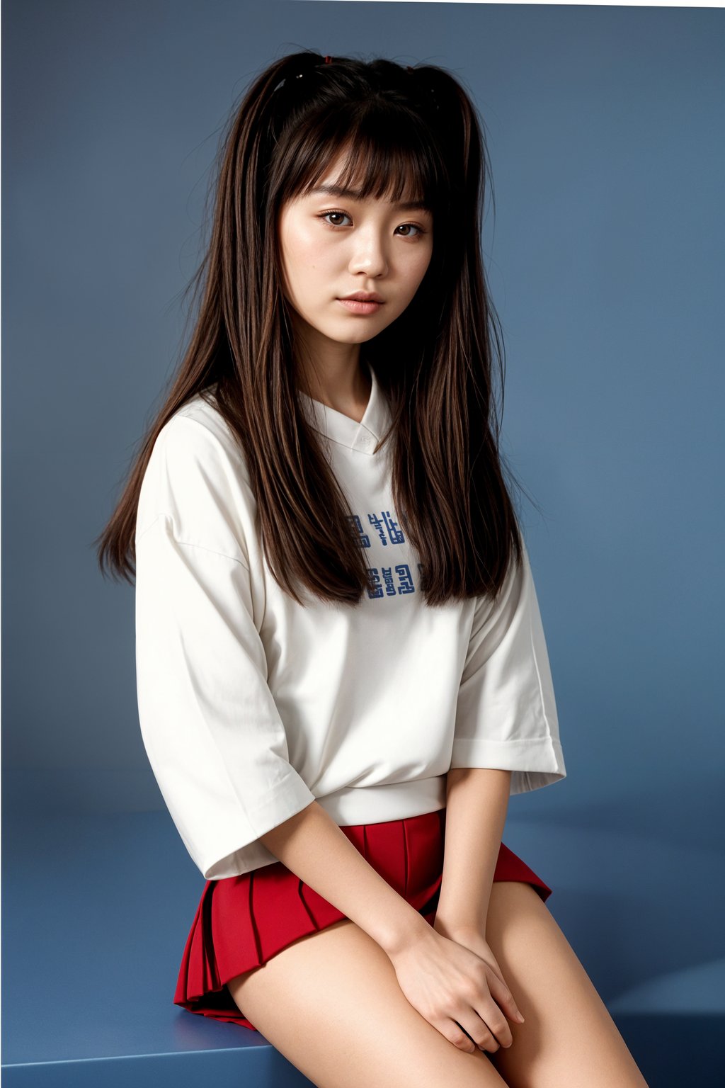 (school portrait) photo headshot of a young 18 y o woman in 1990s style, nineties style, 90s, 1990s fashion, 1990s hair, school, woman is sitting and posing for a (yearbook) picture, blue yearbook background, official school yearbook photo, woman sitting (looking straight into camera), (school shoot), (inside), blue yearbook background