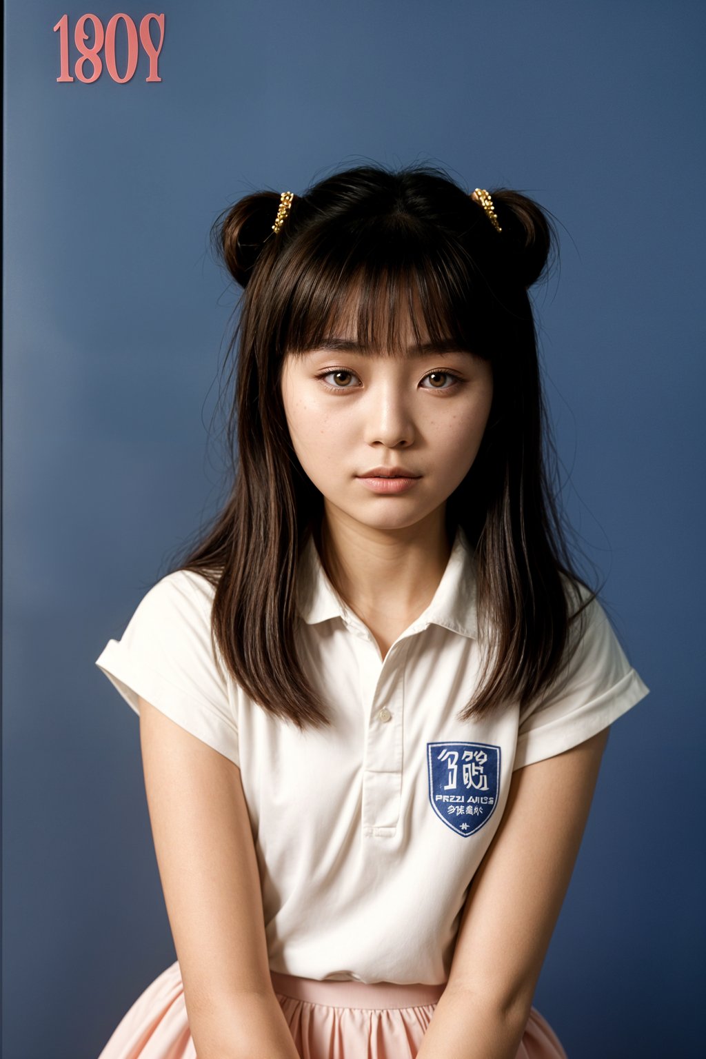 (school portrait) photo headshot of a young 18 y o woman in 1990s style, nineties style, 90s, 1990s fashion, 1990s hair, school, woman is sitting and posing for a (yearbook) picture, blue yearbook background, official school yearbook photo, woman sitting (looking straight into camera), (school shoot), (inside), blue yearbook background