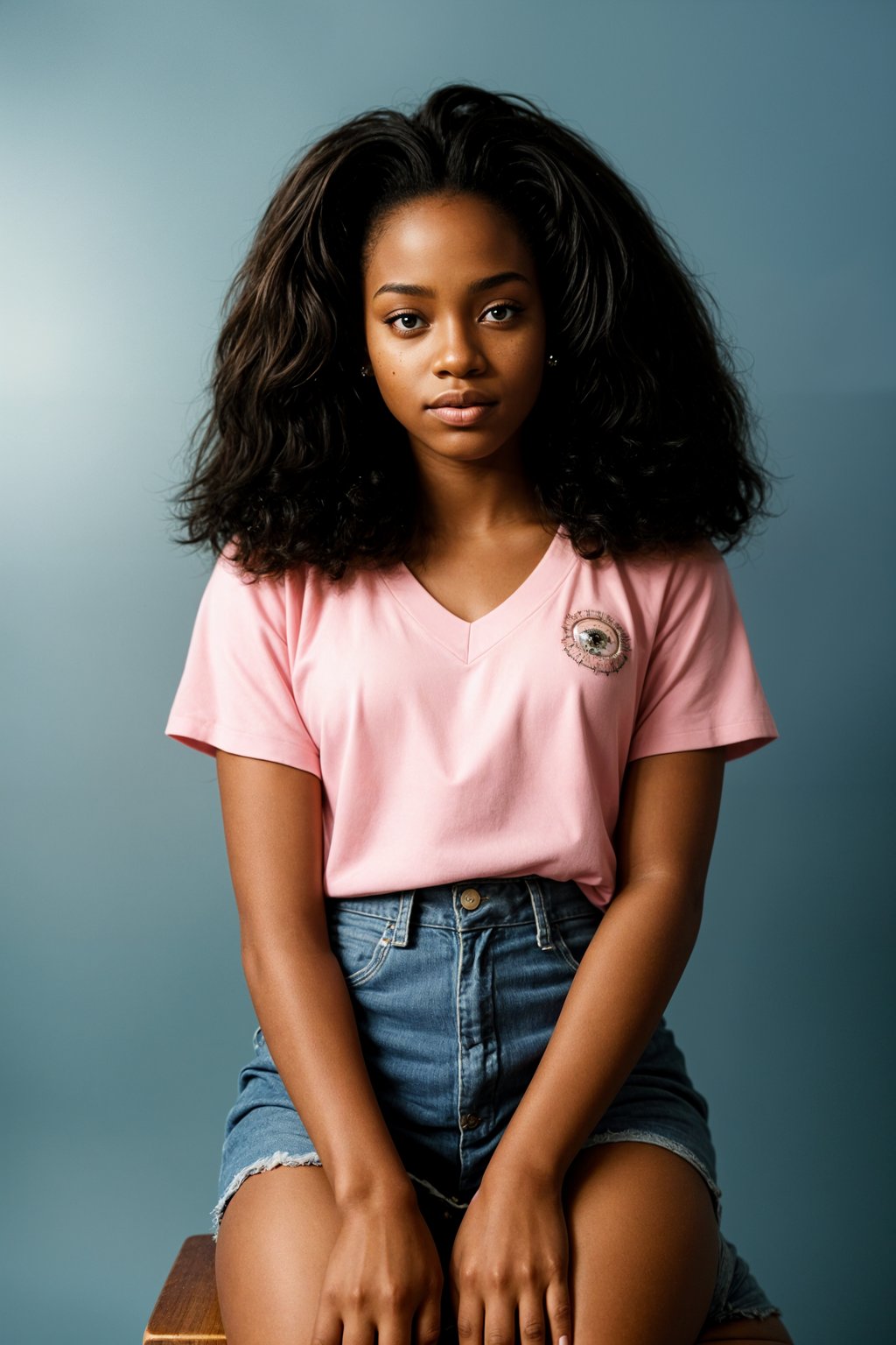 (school portrait) photo headshot of a young 18 y o woman in 1990s style, nineties style, 90s, 1990s fashion, 1990s hair, school, woman is sitting and posing for a (yearbook) picture, blue yearbook background, official school yearbook photo, woman sitting (looking straight into camera), (school shoot), (inside), blue yearbook background