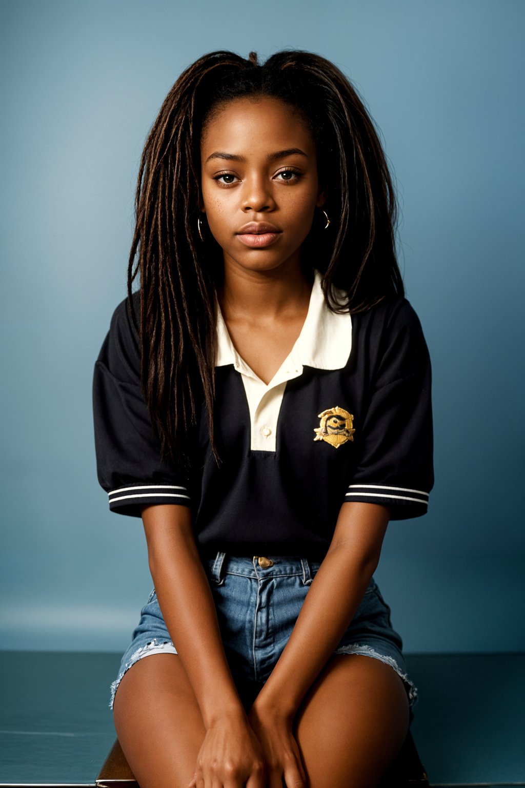 (school portrait) photo headshot of a young 18 y o woman in 1990s style, nineties style, 90s, 1990s fashion, 1990s hair, school, woman is sitting and posing for a (yearbook) picture, blue yearbook background, official school yearbook photo, woman sitting (looking straight into camera), (school shoot), (inside), blue yearbook background