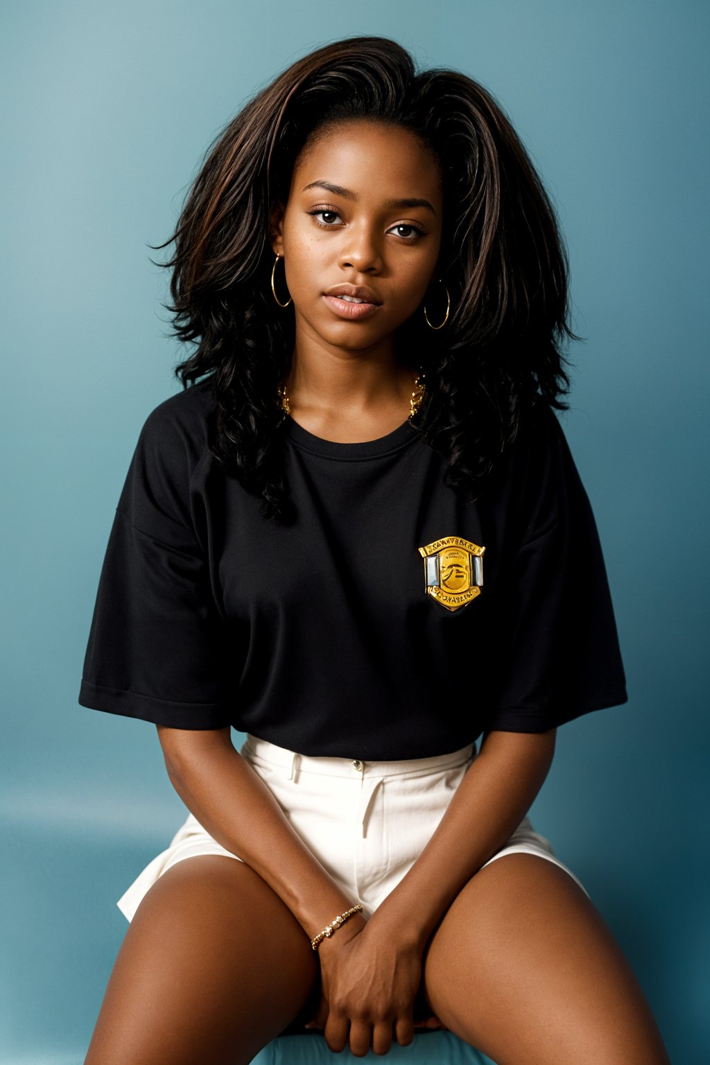 (school portrait) photo headshot of a young 18 y o woman in 1990s style, nineties style, 90s, 1990s fashion, 1990s hair, school, woman is sitting and posing for a (yearbook) picture, blue yearbook background, official school yearbook photo, woman sitting (looking straight into camera), (school shoot), (inside), blue yearbook background