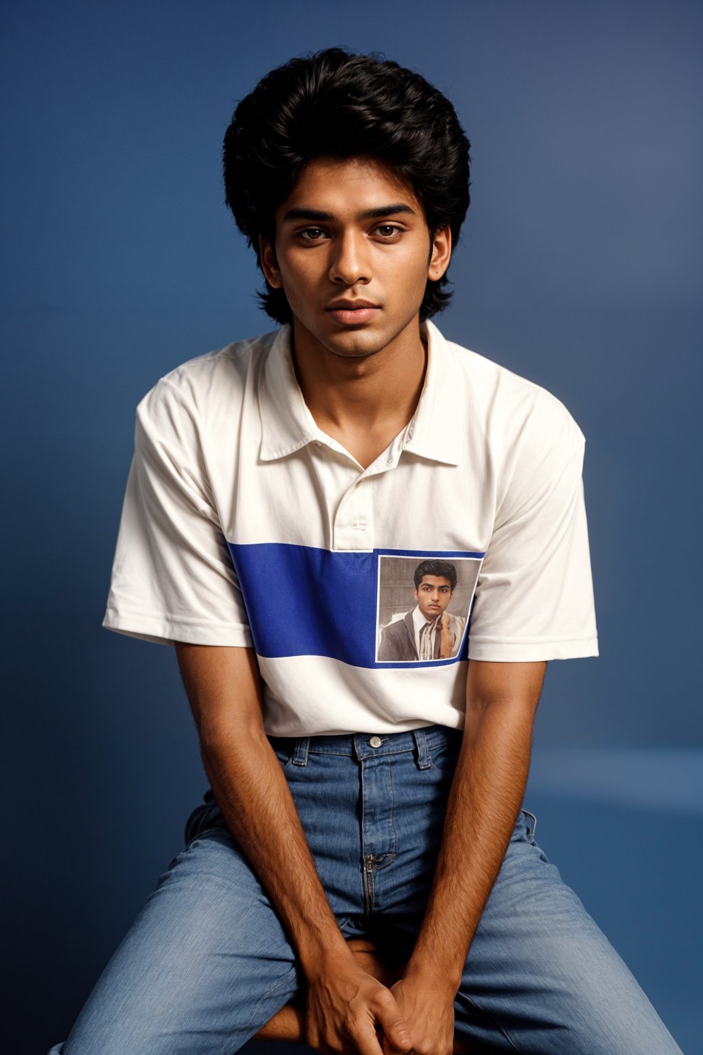 (school portrait) photo headshot of a young 18 y o man in 1990s style, nineties style, 90s, 1990s fashion, 1990s hair, school, man is sitting and posing for a (yearbook) picture, blue yearbook background, official school yearbook photo, man sitting (looking straight into camera), (school shoot), (inside), blue yearbook background