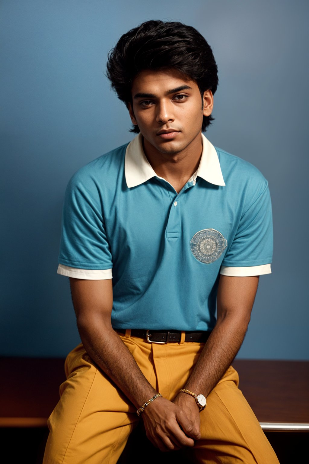 (school portrait) photo headshot of a young 18 y o man in 1990s style, nineties style, 90s, 1990s fashion, 1990s hair, school, man is sitting and posing for a (yearbook) picture, blue yearbook background, official school yearbook photo, man sitting (looking straight into camera), (school shoot), (inside), blue yearbook background