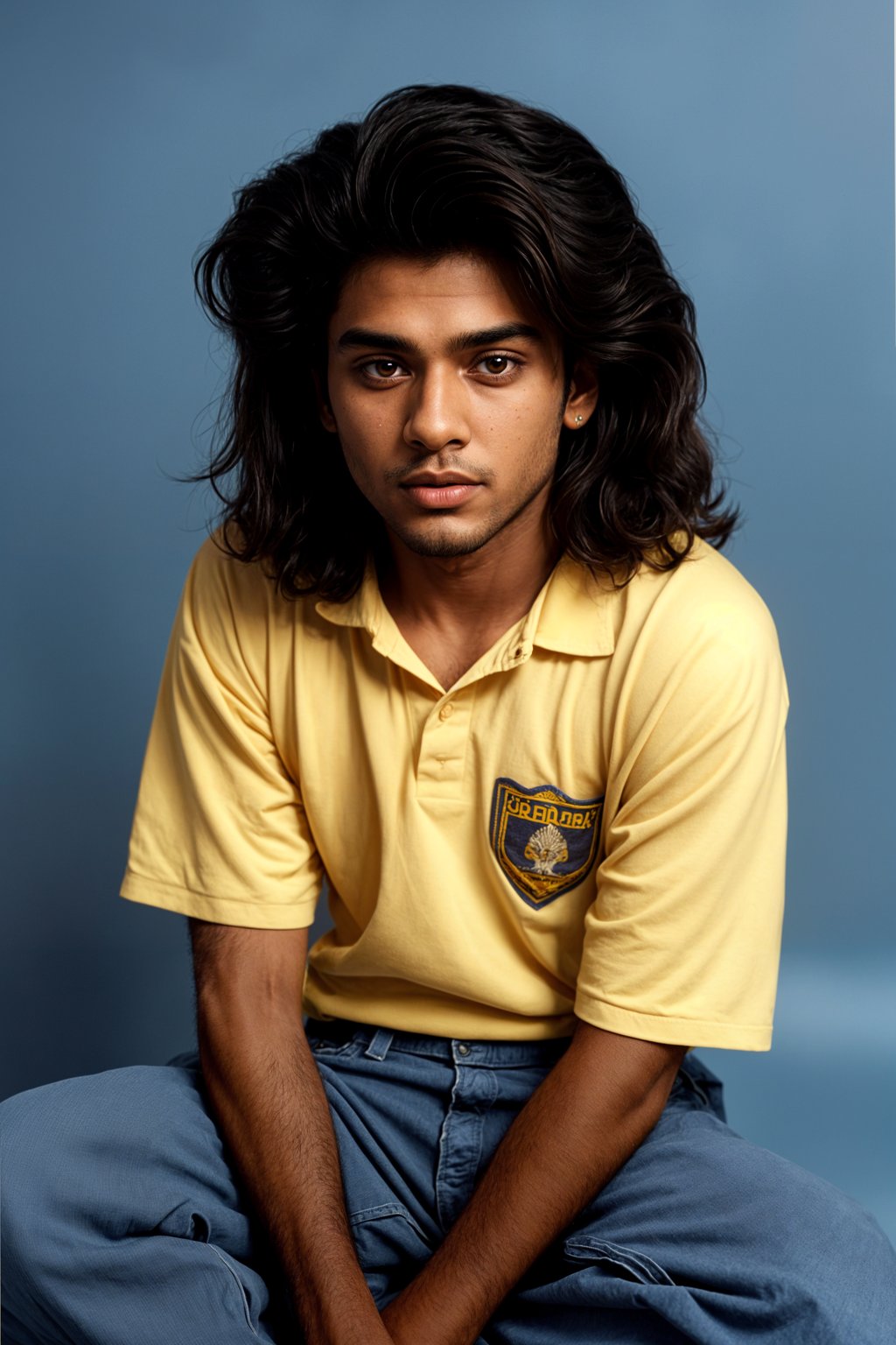 (school portrait) photo headshot of a young 18 y o man in 1990s style, nineties style, 90s, 1990s fashion, 1990s hair, school, man is sitting and posing for a (yearbook) picture, blue yearbook background, official school yearbook photo, man sitting (looking straight into camera), (school shoot), (inside), blue yearbook background