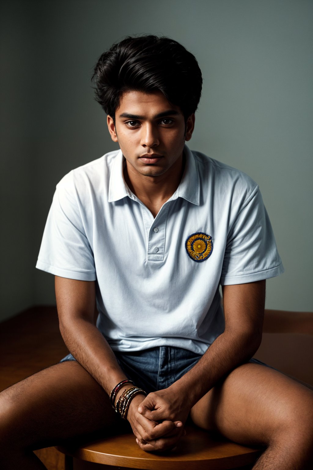 (school portrait) photo headshot of a young 18 y o man in 1990s style, nineties style, 90s, 1990s fashion, 1990s hair, school, man is sitting and posing for a (yearbook) picture, blue yearbook background, official school yearbook photo, man sitting (looking straight into camera), (school shoot), (inside), blue yearbook background