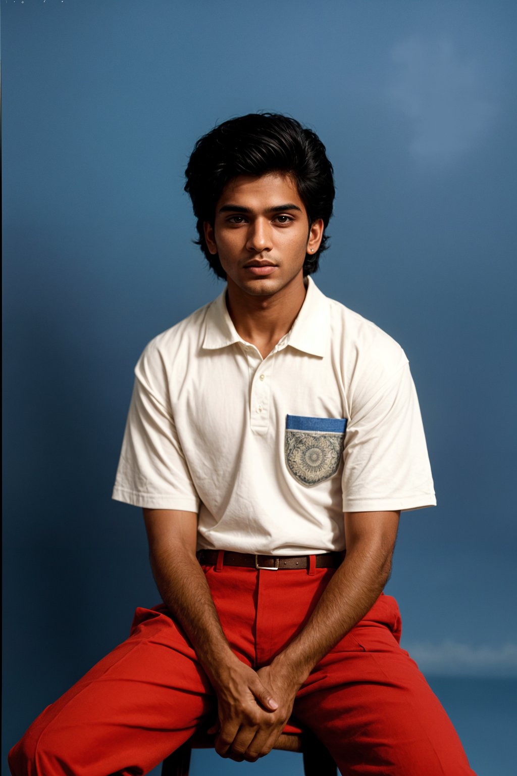 (school portrait) photo headshot of a young 18 y o man in 1990s style, nineties style, 90s, 1990s fashion, 1990s hair, school, man is sitting and posing for a (yearbook) picture, blue yearbook background, official school yearbook photo, man sitting (looking straight into camera), (school shoot), (inside), blue yearbook background