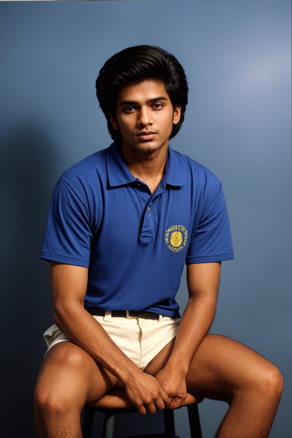 (school portrait) photo headshot of a young 18 y o man in 1990s style, nineties style, 90s, 1990s fashion, 1990s hair, school, man is sitting and posing for a (yearbook) picture, blue yearbook background, official school yearbook photo, man sitting (looking straight into camera), (school shoot), (inside), blue yearbook background