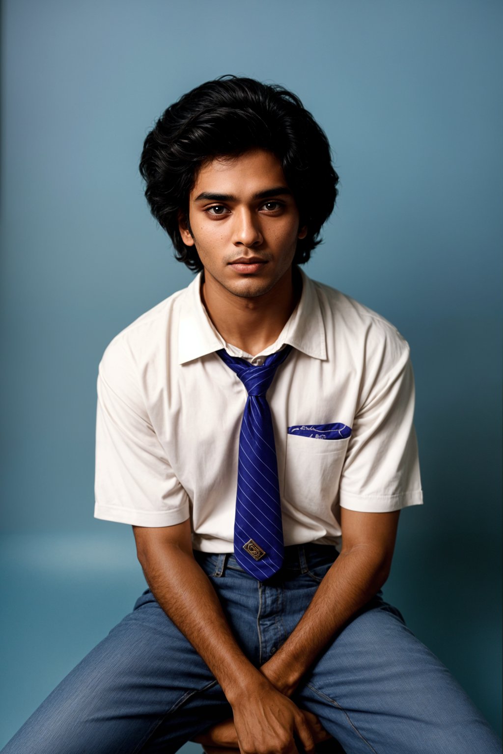 (school portrait) photo headshot of a young 18 y o man in 1990s style, nineties style, 90s, 1990s fashion, 1990s hair, school, man is sitting and posing for a (yearbook) picture, blue yearbook background, official school yearbook photo, man sitting (looking straight into camera), (school shoot), (inside), blue yearbook background