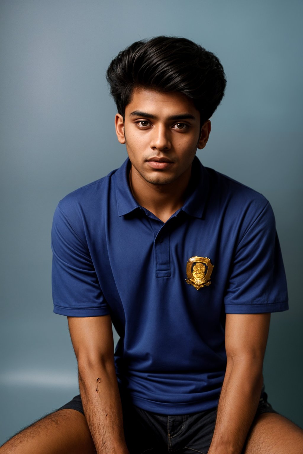 (school portrait) photo headshot of a young 18 y o man in 1990s style, nineties style, 90s, 1990s fashion, 1990s hair, school, man is sitting and posing for a (yearbook) picture, blue yearbook background, official school yearbook photo, man sitting (looking straight into camera), (school shoot), (inside), blue yearbook background