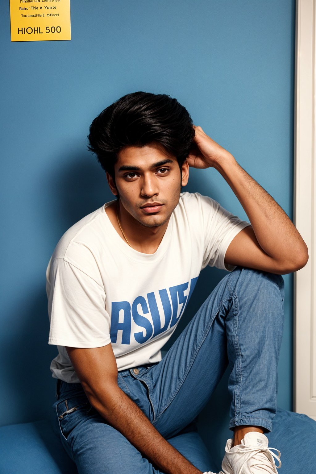 (school portrait) photo headshot of a young 18 y o man in 1990s style, nineties style, 90s, 1990s fashion, 1990s hair, school, man is sitting and posing for a (yearbook) picture, blue yearbook background, official school yearbook photo, man sitting (looking straight into camera), (school shoot), (inside), blue yearbook background